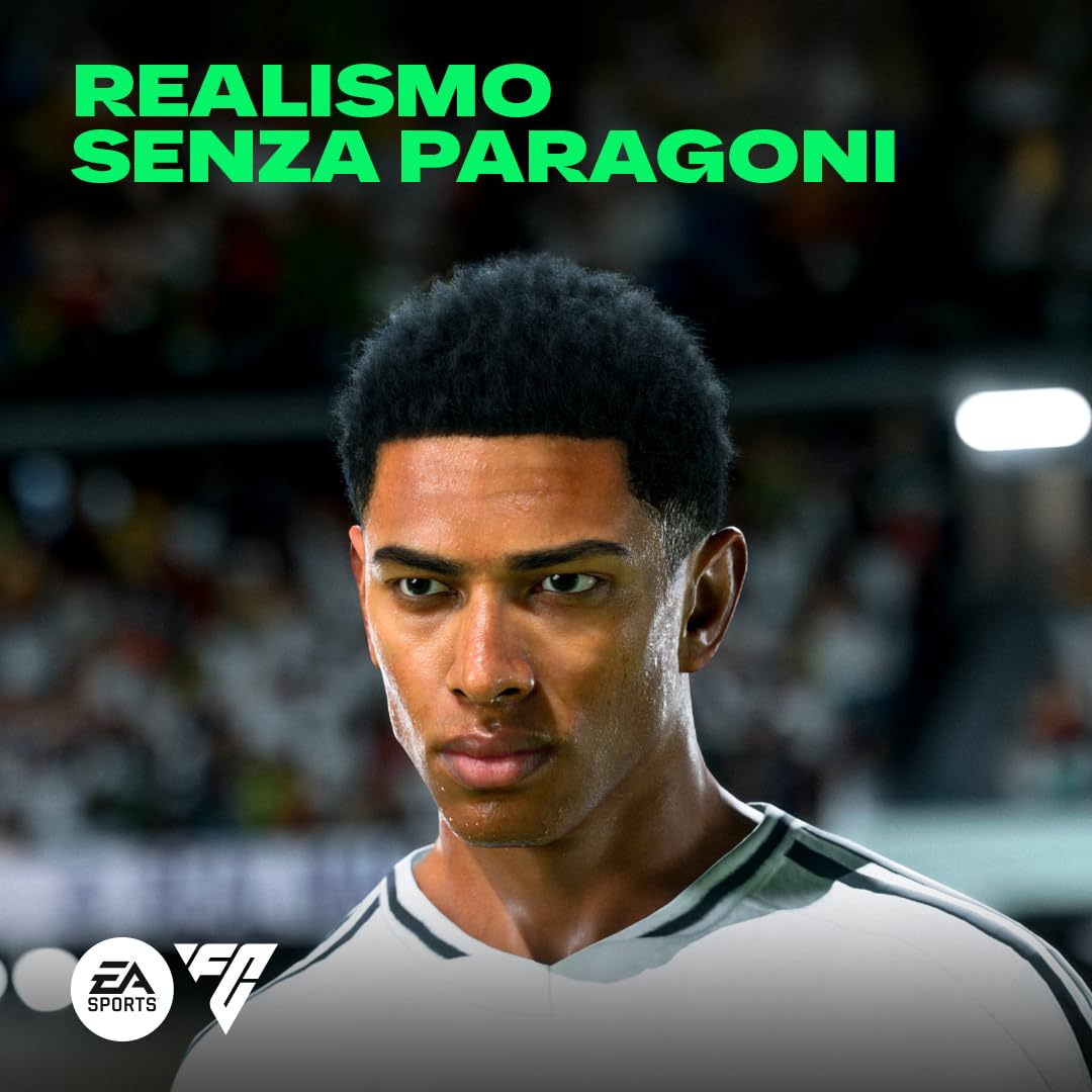 Primo piano di un uomo dalla pelle scura in maglia bianca, il testo 'REALISMO SENZA PARAGONI' è in alto, logo EA Sports in basso.