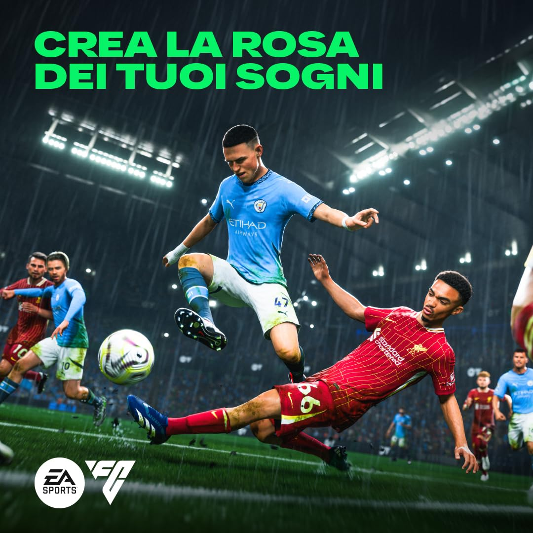 Giocatori di calcio in azione, uno salta, uno scivola. Pallone in primo piano. Logo EA Sports verde e bianco in basso a sinistra.