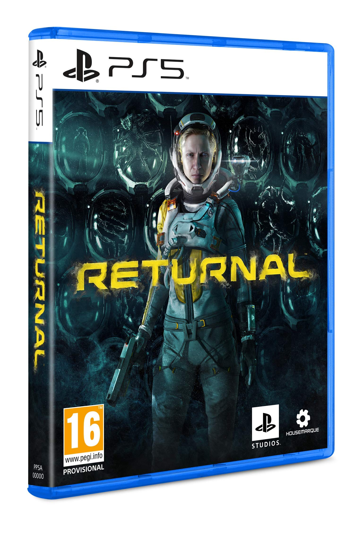 Una custodia per giochi PS5. Una donna in tuta spaziale tiene una pistola. Il titolo del gioco è 'Returnal'.