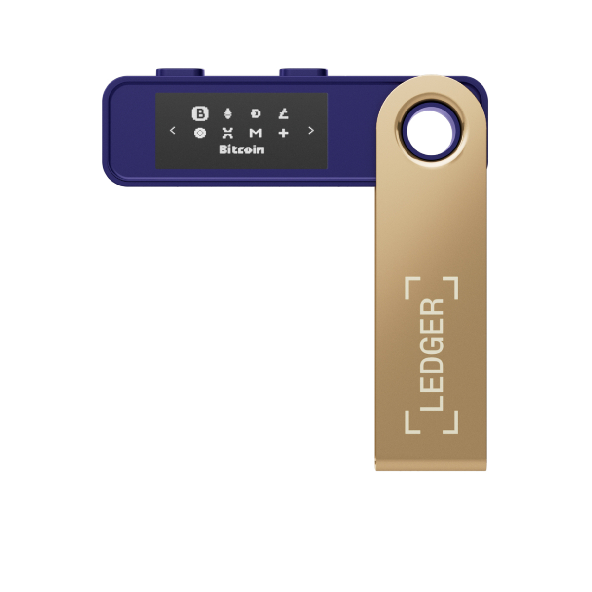 Un monedero hardware Ledger. Tiene un cuerpo azul con pantalla y una unidad USB dorada.