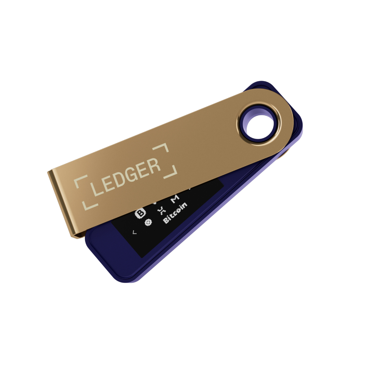 Un monedero hardware Ledger. Parte superior dorada con la palabra 'LEDGER' y una base azul. Una pequeña pantalla con información de Bitcoin.