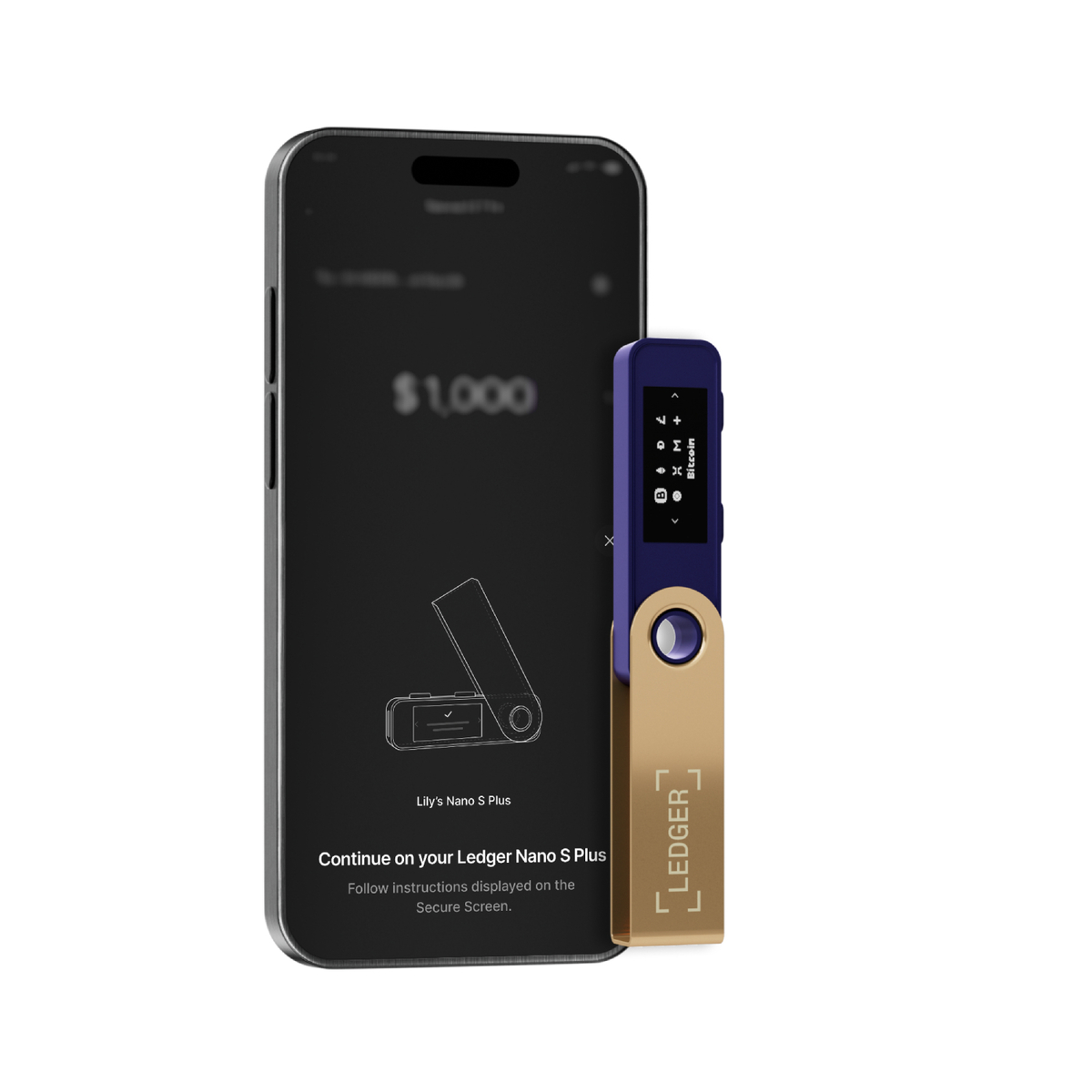 Un teléfono muestra $1,000 y un Ledger Nano S Plus. Las instrucciones en el teléfono dicen 'Continuar en tu Ledger Nano S Plus'.