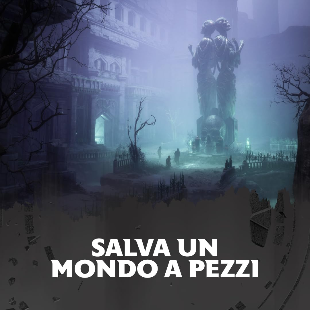 Una scena oscura e nebbiosa con una grande statua di due figure. Rovine e alberi senza foglie circondano l'area con il testo "SALVA UN MONDO A PEZZI".