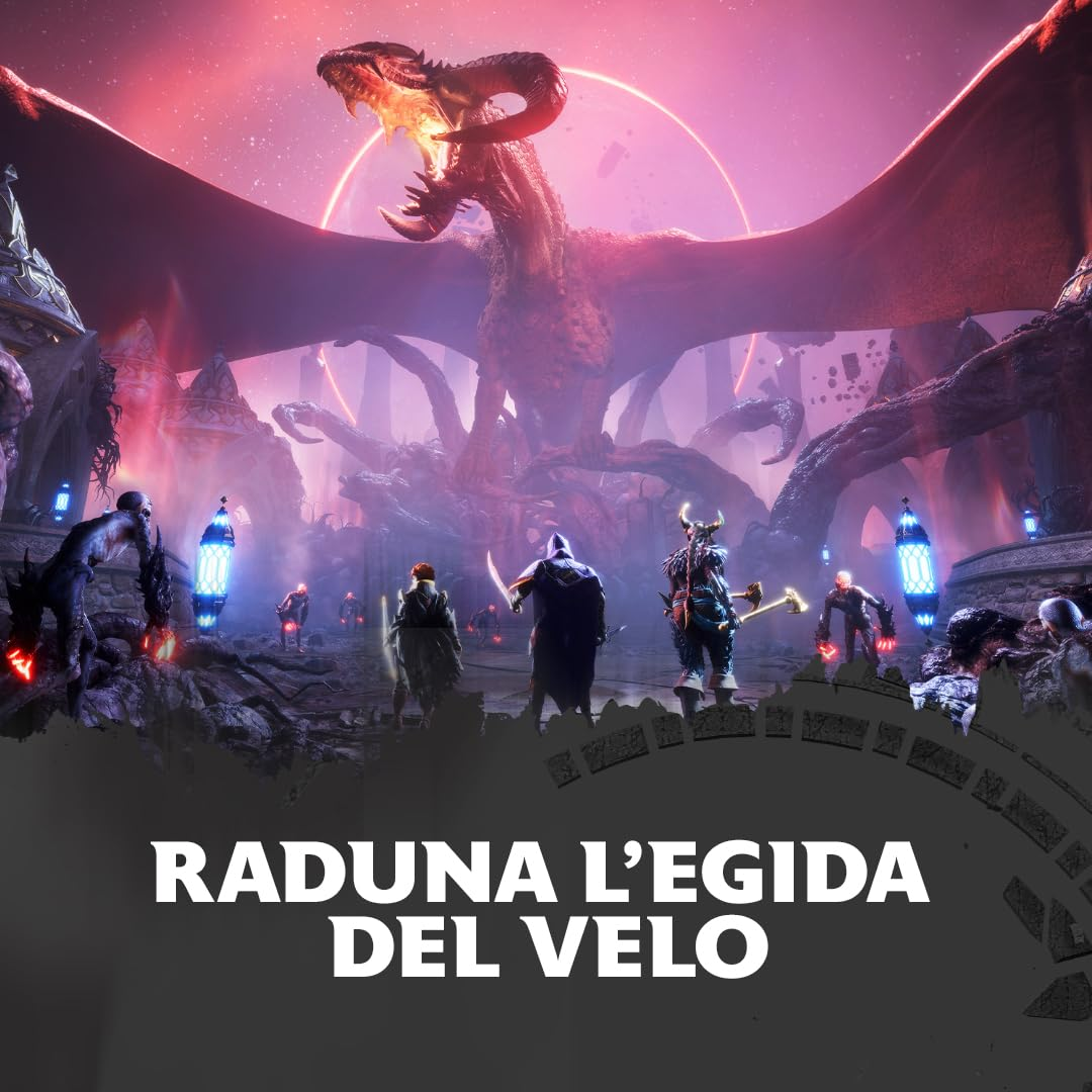 Un drago ruggisce sopra un gruppo di guerrieri. La scena è ambientata in un paesaggio fantasy con lanterne luminose e strutture minacciose.