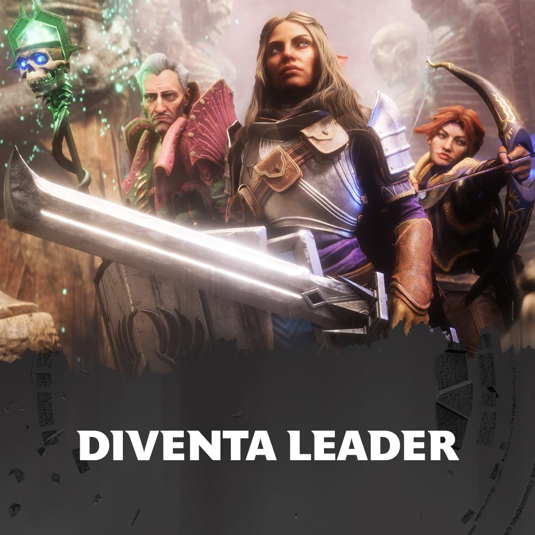 Un'immagine fantasy con tre personaggi: una donna con una spada, un uomo e una donna con un arco. In basso, le parole 'DIVENTA LEADER'.