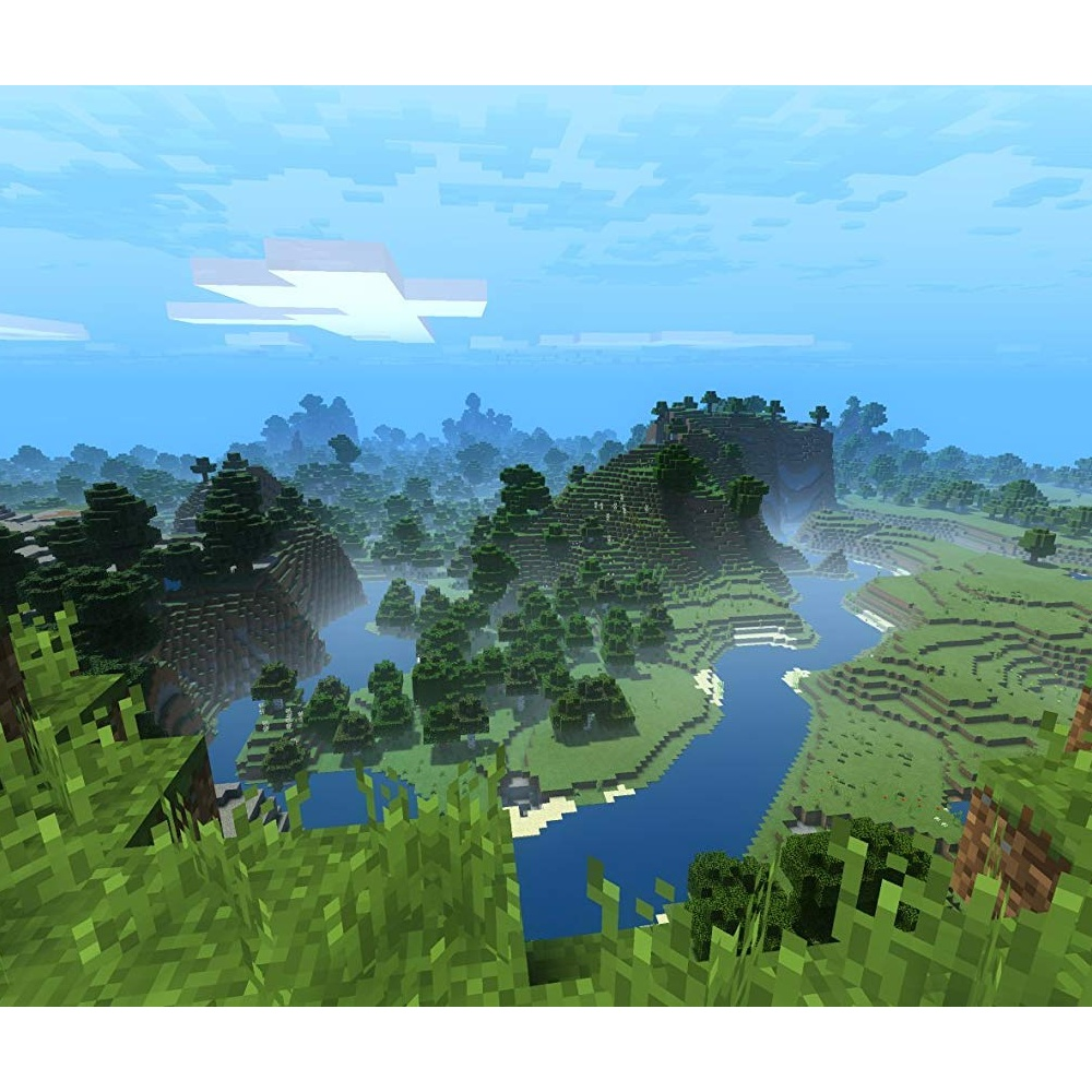 Paesaggio di Minecraft con alberi verdi, acqua blu e colline erbose sotto un cielo blu con nuvole. Stile pixelato.