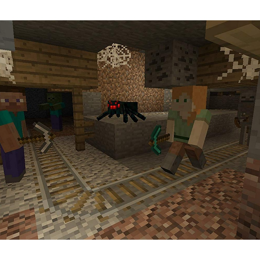 Scena di Minecraft in una miniera. Steve e Alex con picconi. Ragno, zombi e binari della miniera visibili.
