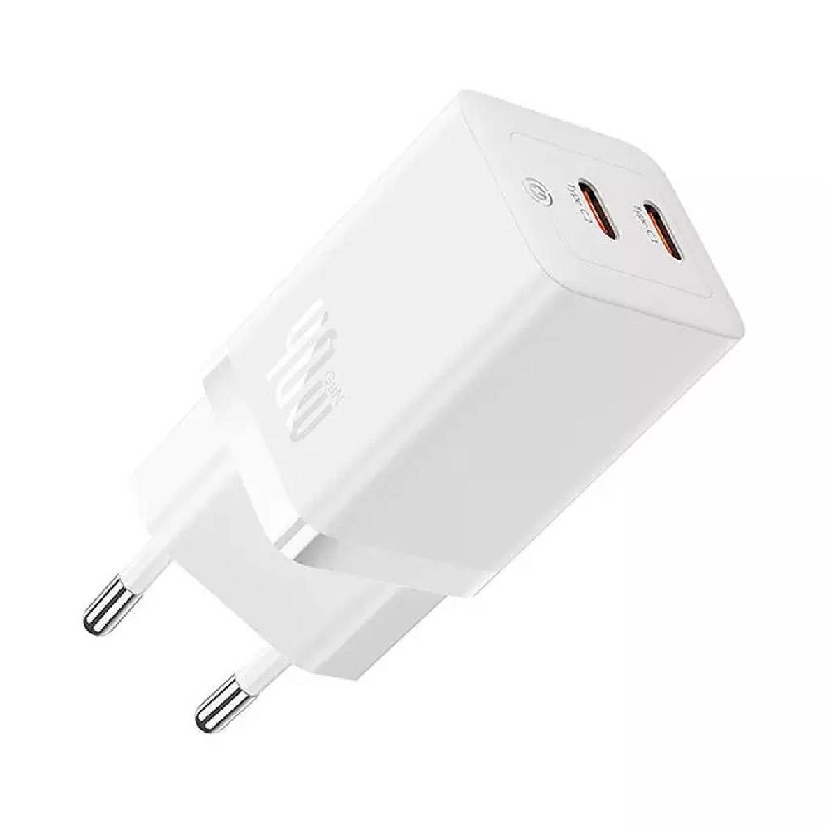 İki adet Type-C bağlantı noktasına sahip beyaz bir güç adaptörü. Bir duvar prizi için pimleri vardır. Üzerinde '90W' yazıyor.