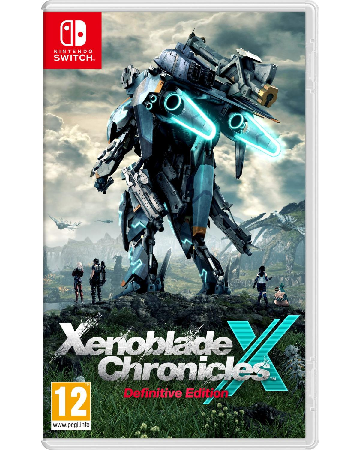 Copertina del gioco Xenoblade Chronicles X. Un grosso mech in cima a una collina. Diverse figure sotto. Cielo nuvoloso sullo sfondo.