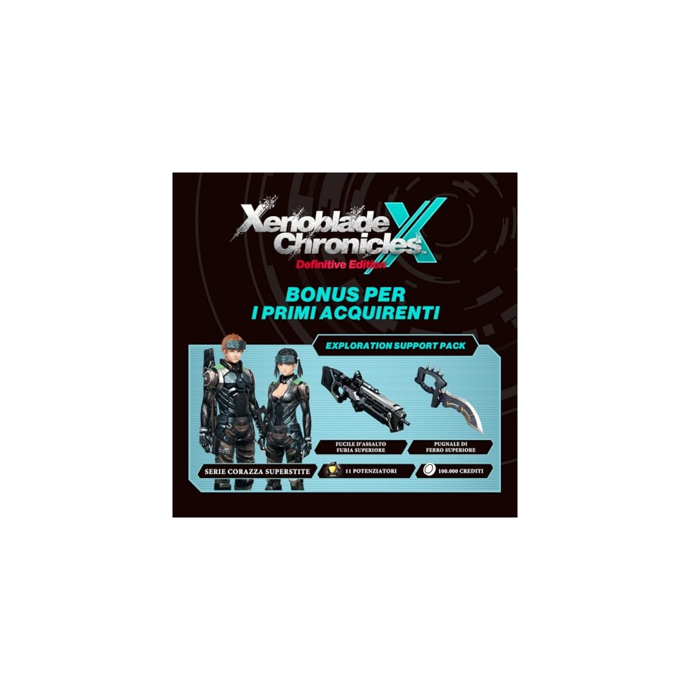 L'immagine è una grafica promozionale per Xenoblade Chronicles. Presenta personaggi, armi e testo sui bonus per i primi acquirenti.