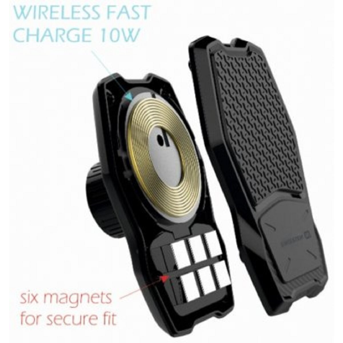 Schwarzes drahtloses Ladegerät mit goldener Spule und sechs Magneten. Ein weiteres Teil mit gemusterter Oberfläche wird ebenfalls gezeigt. Text: Wireless Fast Charge 10W.