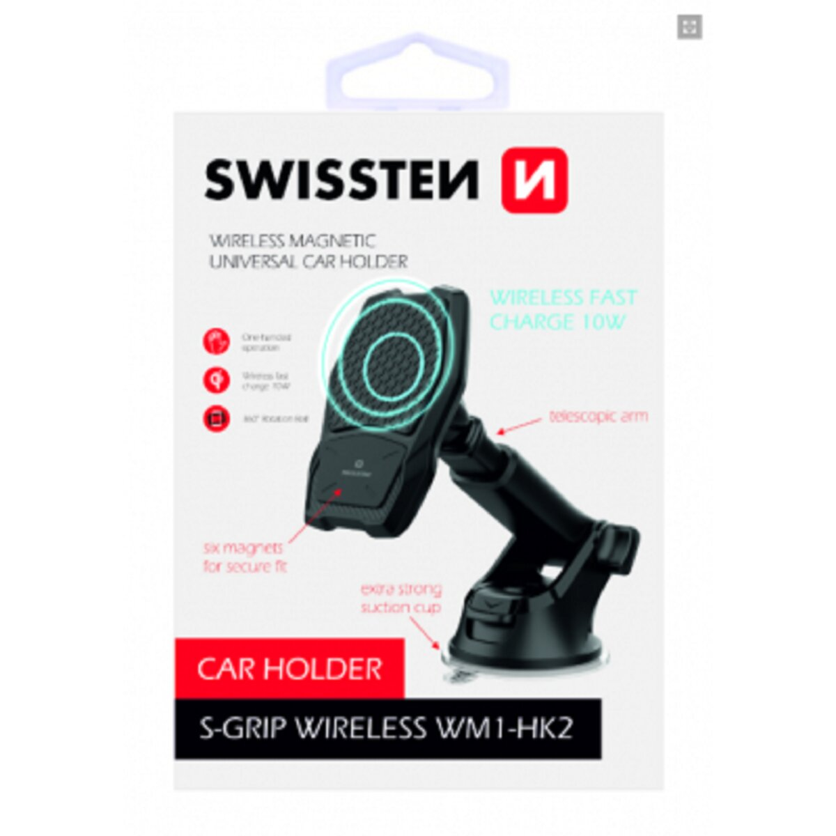 Gezeigt wird ein Autotelefonhalter. Er ist schwarz, mit Saugnapf und Magnet. Text sagt 'SWISSTEN' und 'CAR HOLDER'.