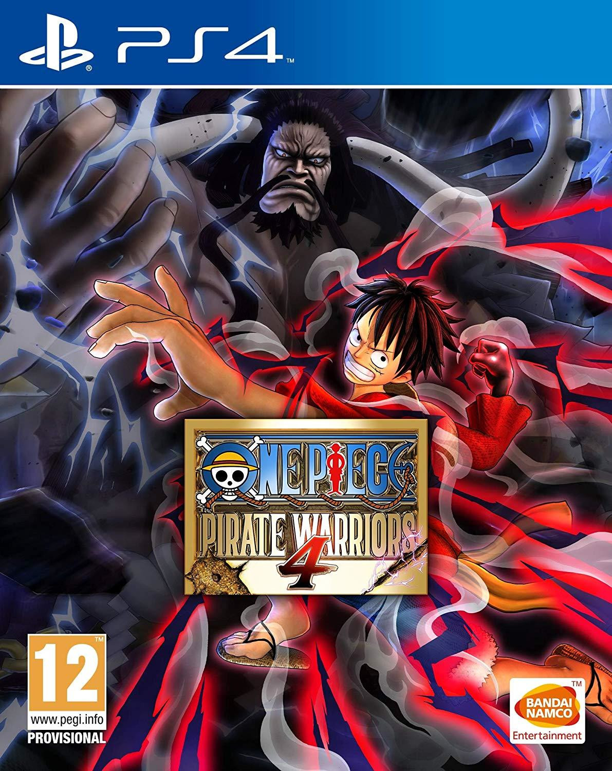 Copertina del gioco PS4 con Luffy, Kaido e One Piece Pirate Warriors 4. Colori intensi e scena ricca di azione.