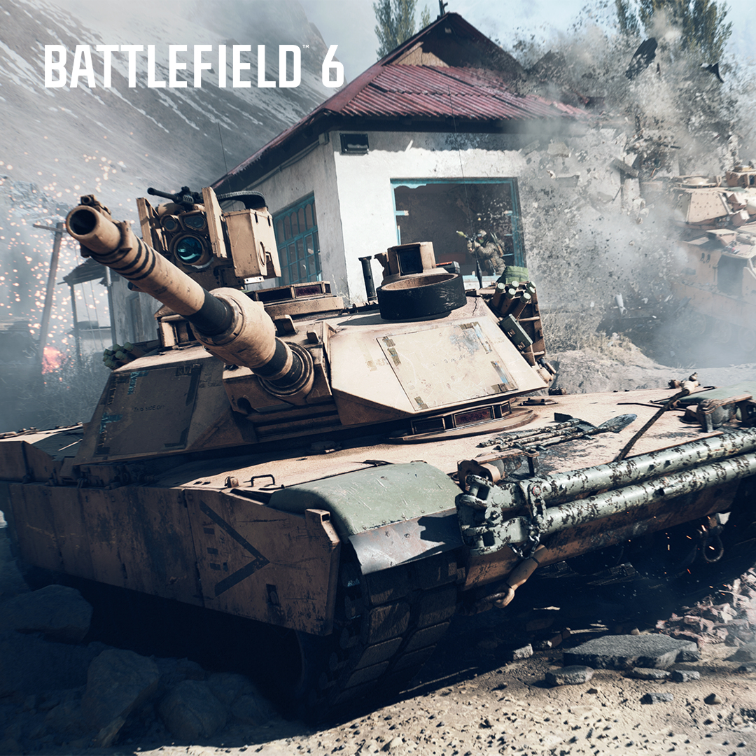 Czołg w scenie wojennej niszczy budynek. Powietrze wypełnia kurz i gruz. Logo Battlefield 6 znajduje się u góry po lewej.