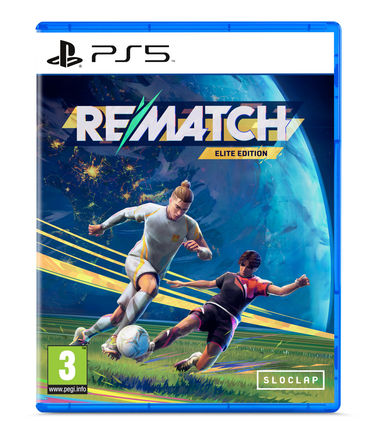Custodia gioco PS5. Copertina con calciatori, pallone, pianeta. Titolo: 'REMATCH ELITE EDITION'.