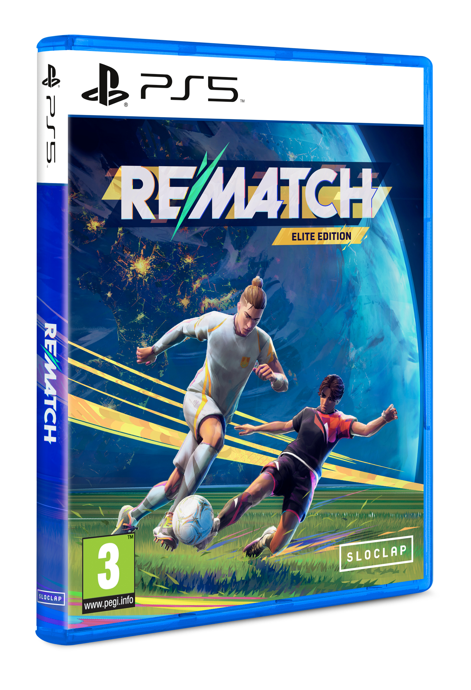 Custodia di gioco per PS5. Giocatori di calcio che calciano un pallone davanti a uno sfondo simile a un pianeta. Il titolo è 'REMATCH'.