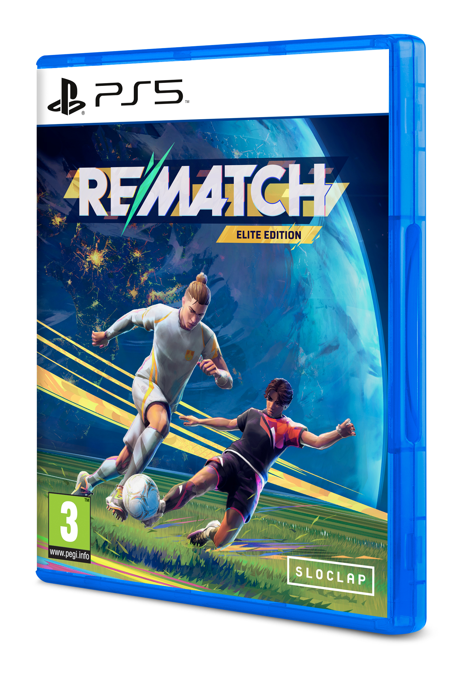 Copertina del gioco. Due calciatori in azione. Titolo: RE/MATCH. Logo PS5. Custodia blu. Pallone in aria.