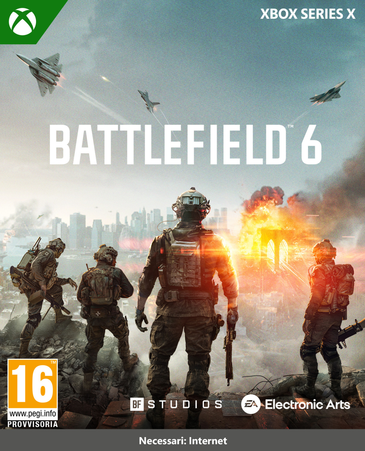 Okładka gry Battlefield 6. Żołnierze w ekwipunku bojowym na skalistym terenie, odrzutowce na niebie. Logo Xbox Series X, ocena PEGI 16.