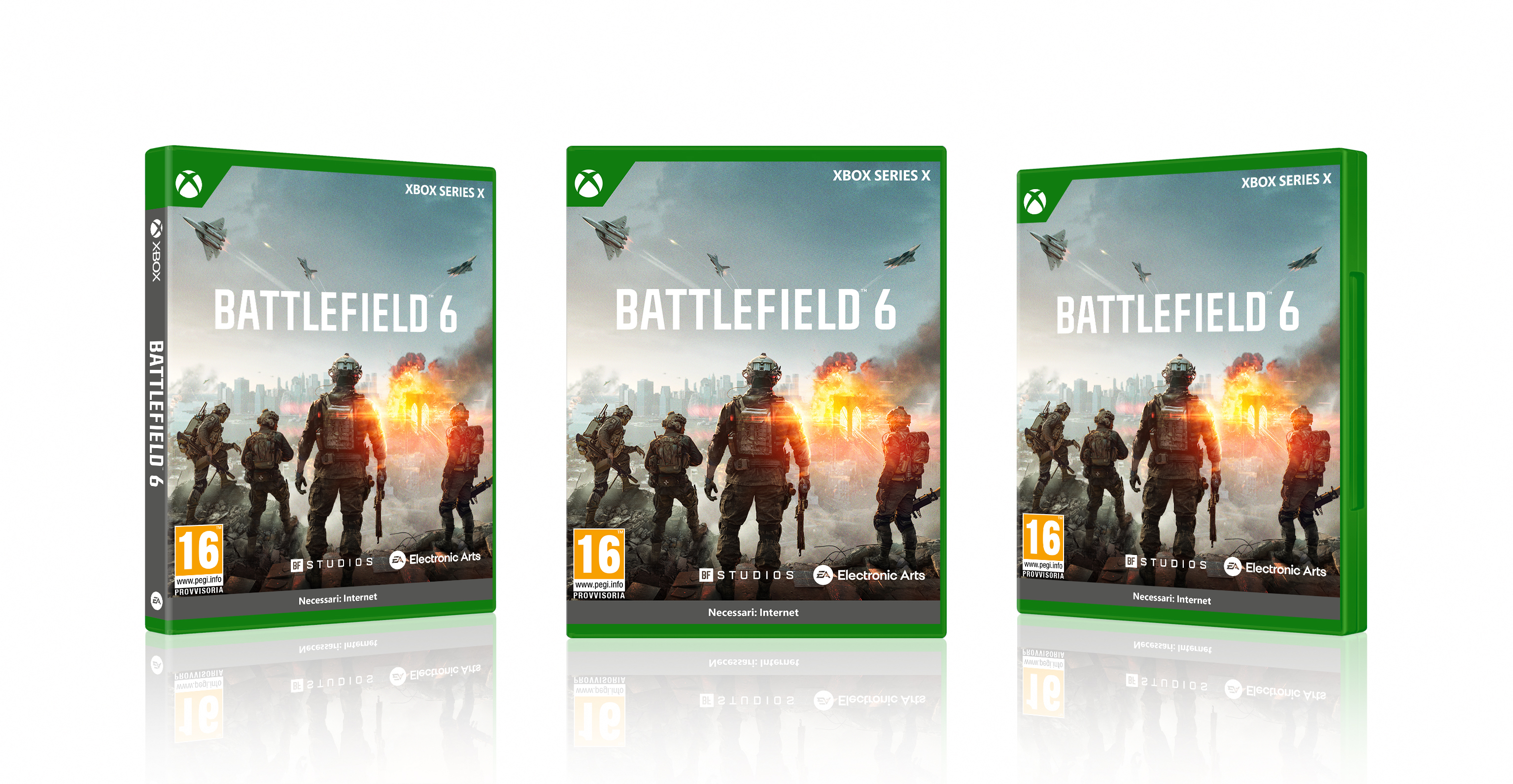 Trzy pudełka z grą Battlefield 6. Żołnierze na okładce. Odrzutowce nad miastem. Zielone pudełka z detalami.