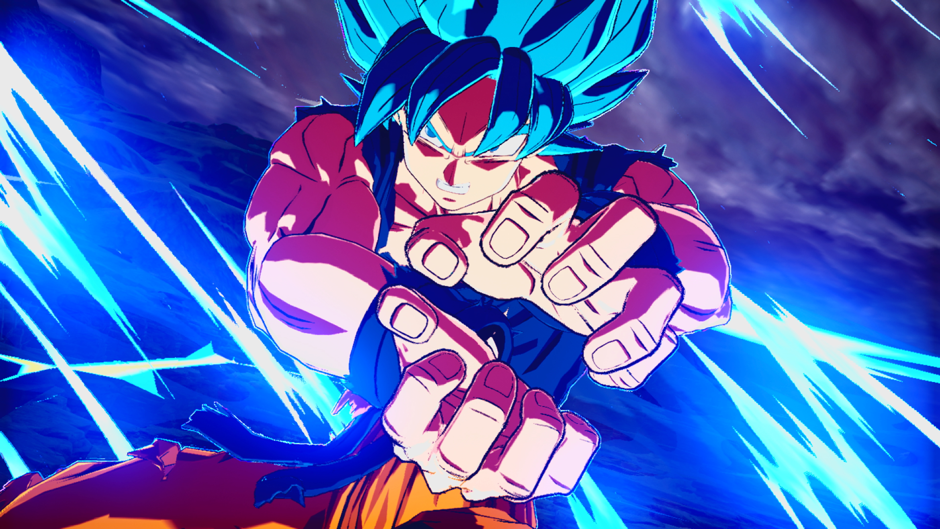 Un personaje de pelo azul con los puños cerrados. La energía azul lo rodea. El fondo es oscuro con más energía azul.