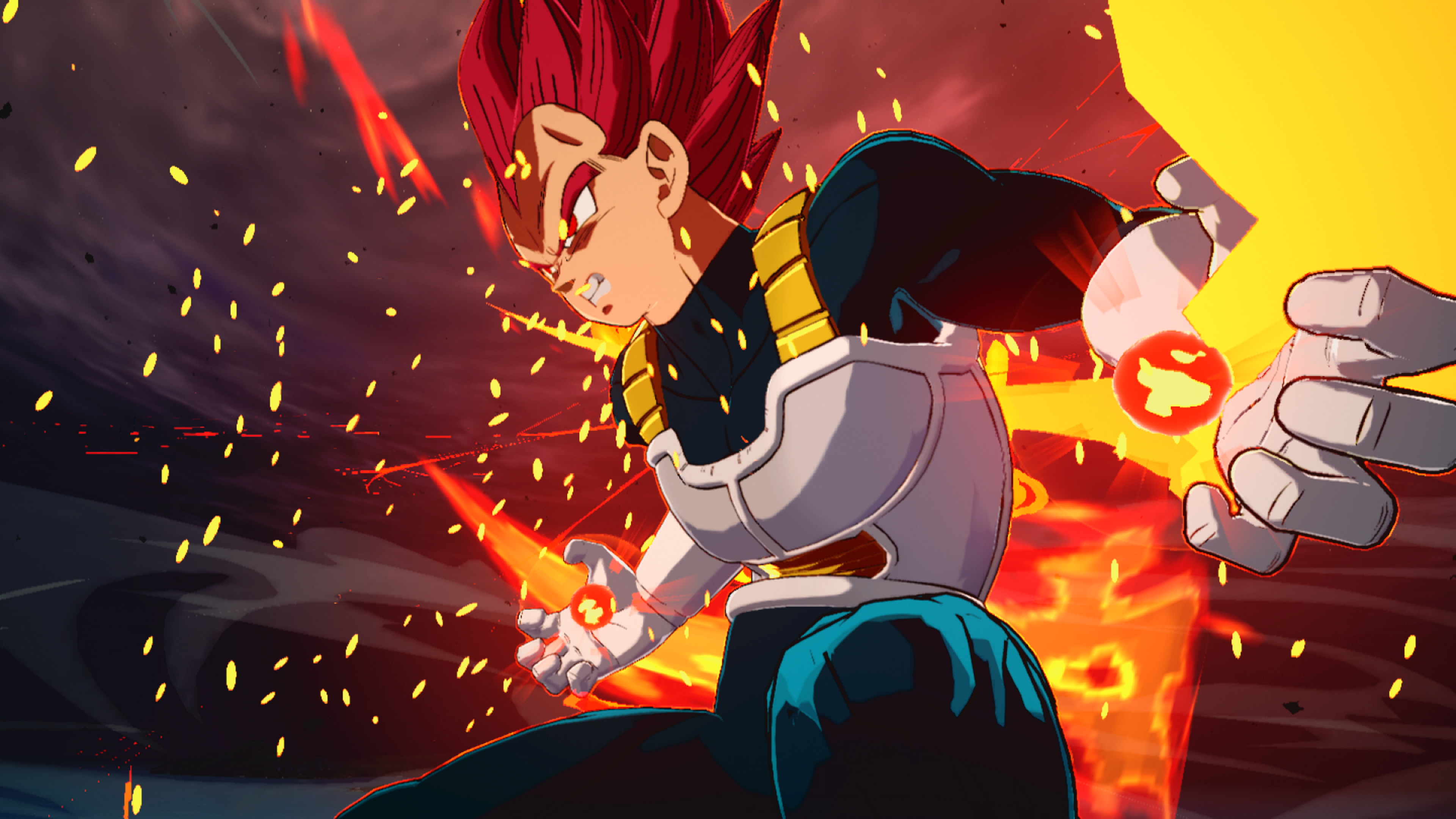 Vegeta con cabello rojo, listo para atacar con esferas de energía. Escena de acción intensa con fondo de fuego y pose dinámica.