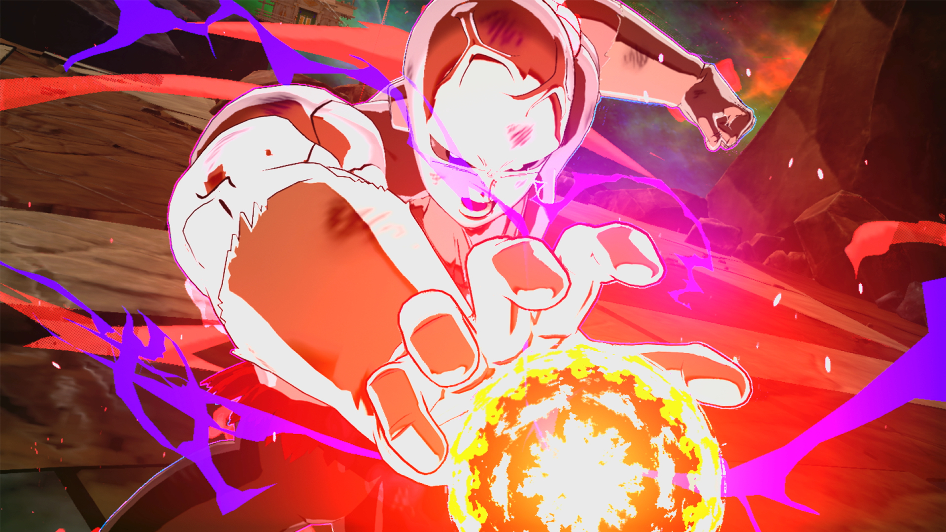 Un personaje de piel blanca y ojos morados está cargando energía. Una bola naranja brillante está frente a él.