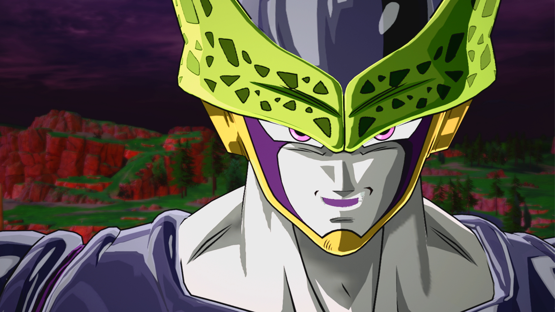 Primer plano de un personaje de Dragon Ball Z. Cabeza verde y amarilla, detalles morados, ojos rosados y cara blanca. Montañas rojas al fondo.