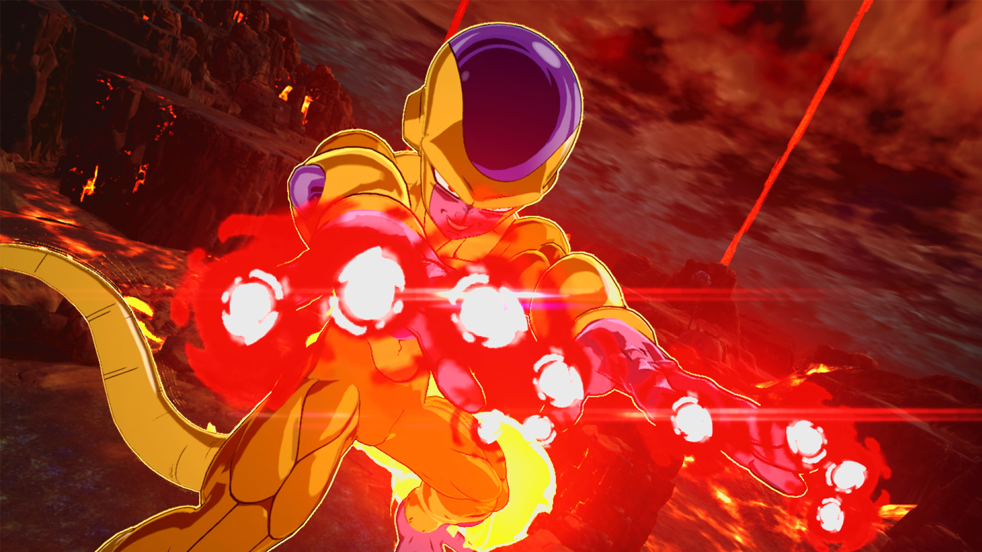 Frieza dorado lanza explosiones de energía. Rayos y explosiones de energía roja llenan la escena, contra un fondo rocoso y ardiente.