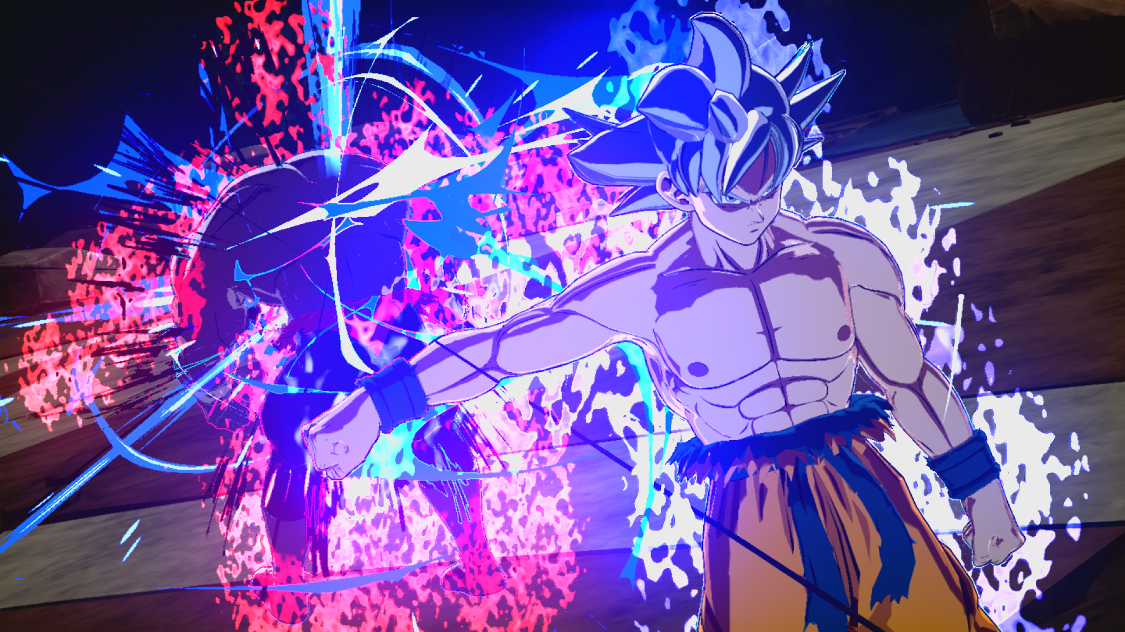 Un personaje de anime musculoso en pose de combate con efectos de energía azul y roja. Tiene cabello blanco puntiagudo y un atuendo naranja.