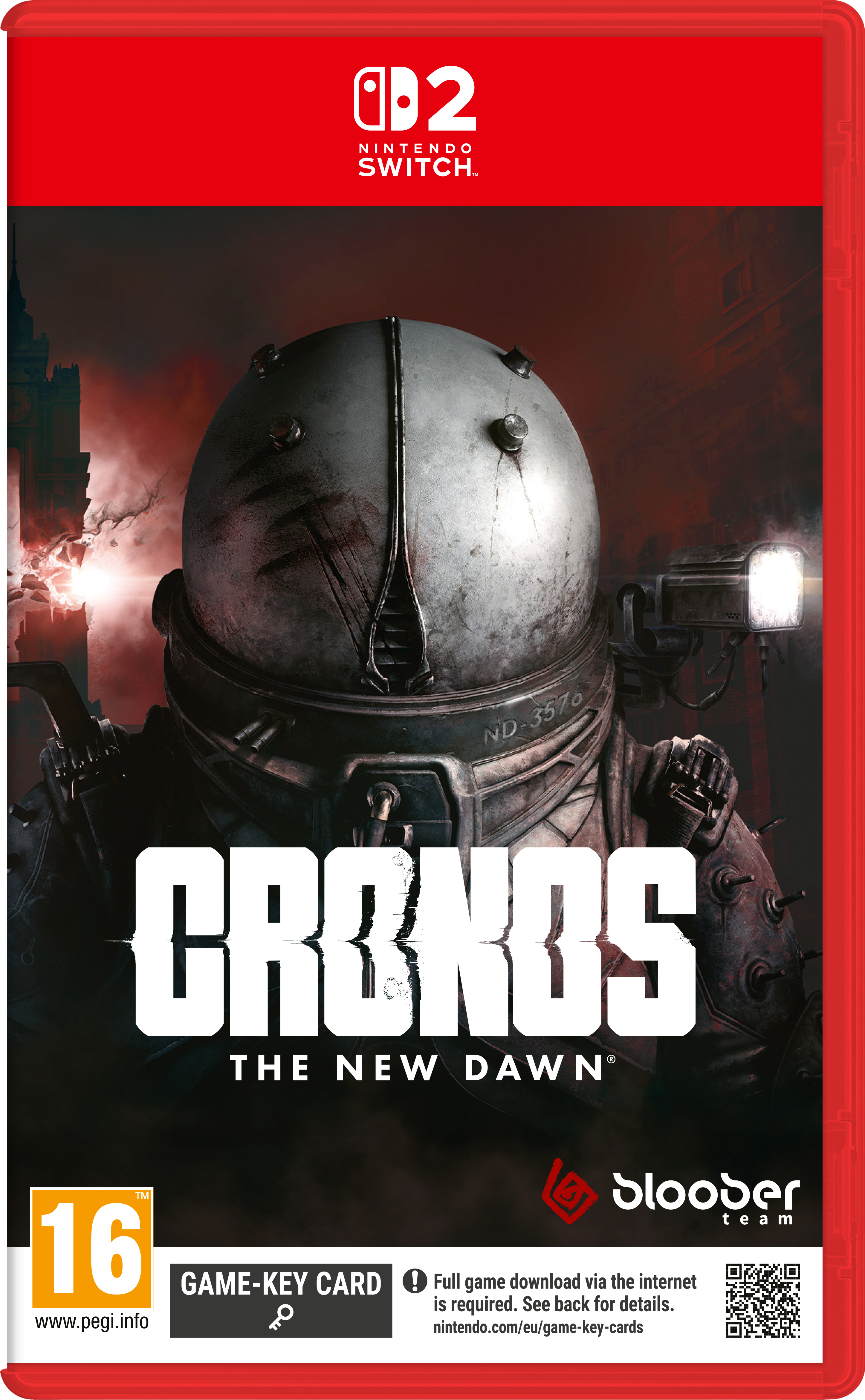Illustrazione della confezione del gioco Cronos: The New Dawn. Una figura con elmetto è centrata. Il titolo è sopra e il logo Nintendo Switch in alto.