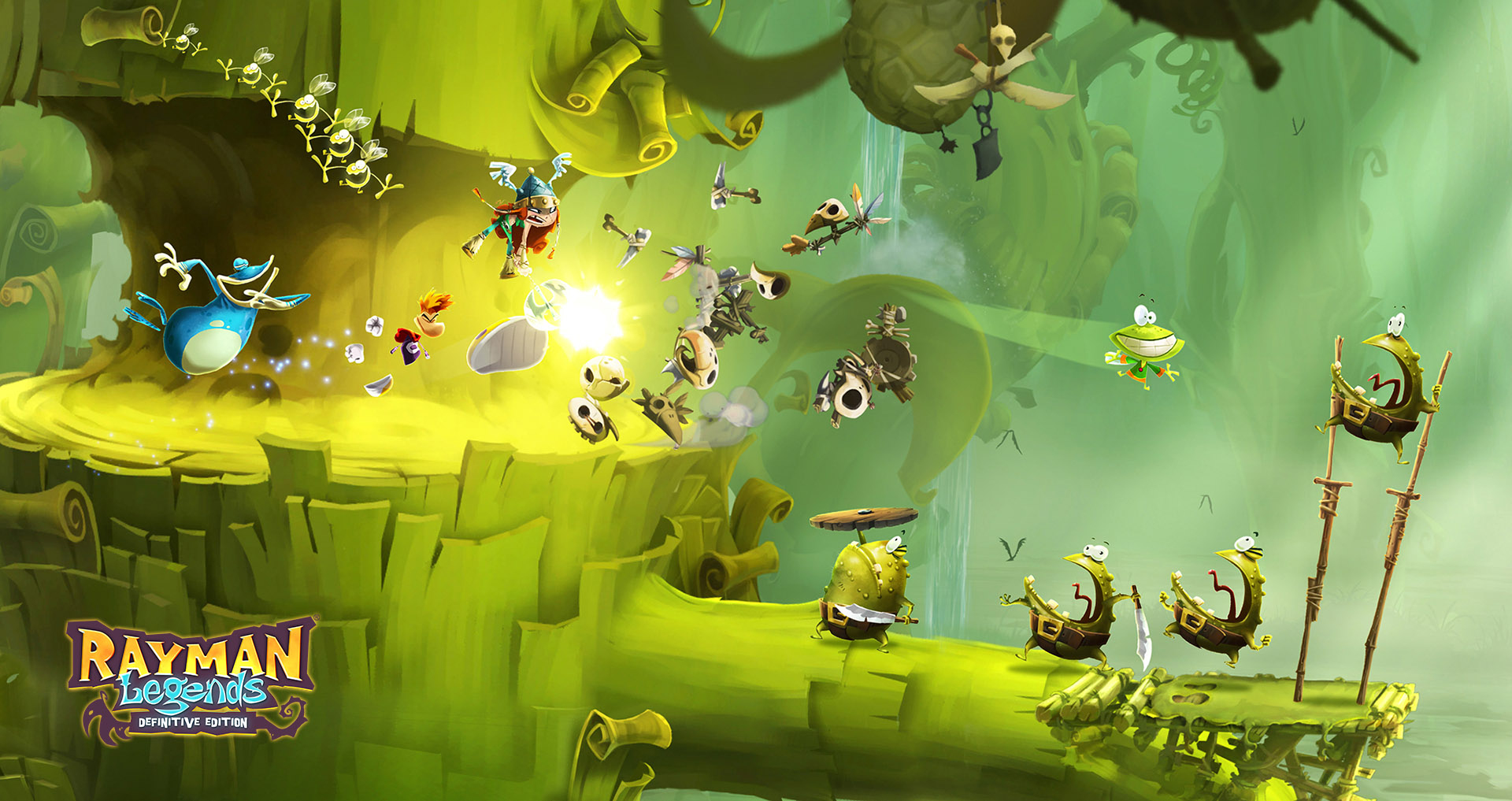 Una vivace scena di gioco con vari personaggi dei cartoni animati, tra cui rane e creature volanti, su uno sfondo verde animato.