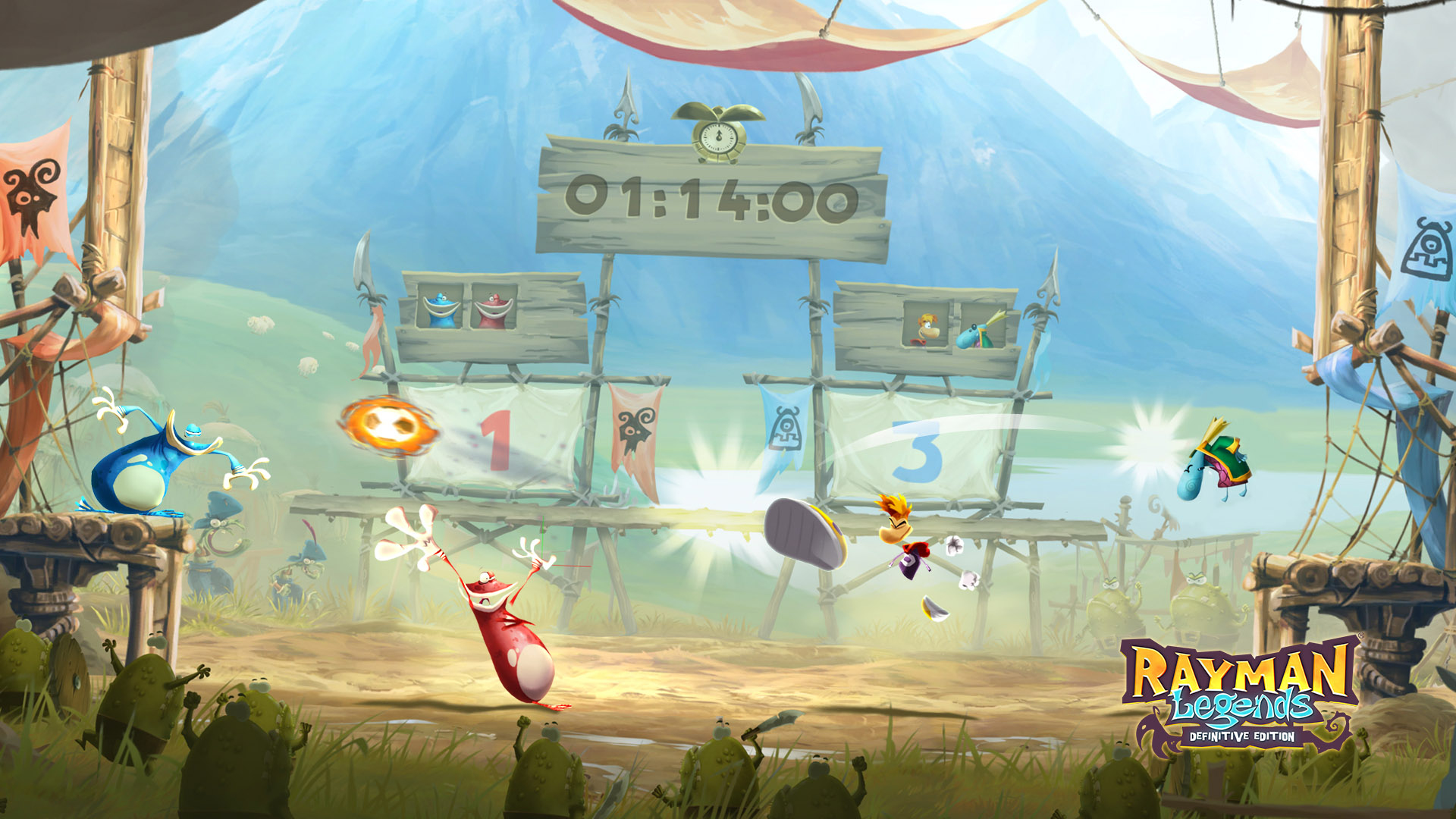 Una scena di gioco colorata presenta personaggi su piattaforme. Un timer mostra 01:14:00. Il logo di Rayman Legends è visibile.