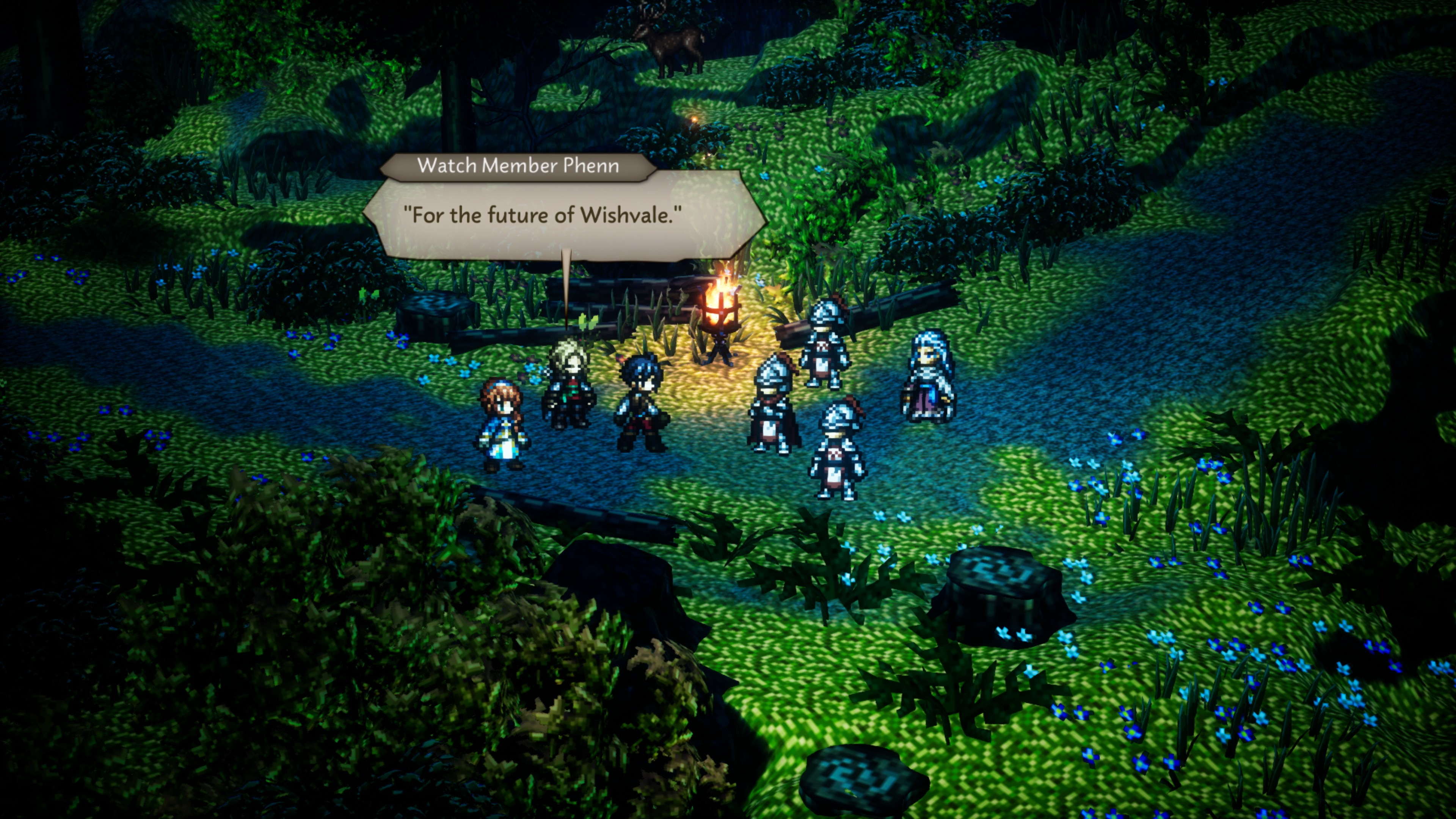 Un gruppo di personaggi in un ambiente forestale, con una nuvoletta che dice: "Per il futuro di Wishvale."