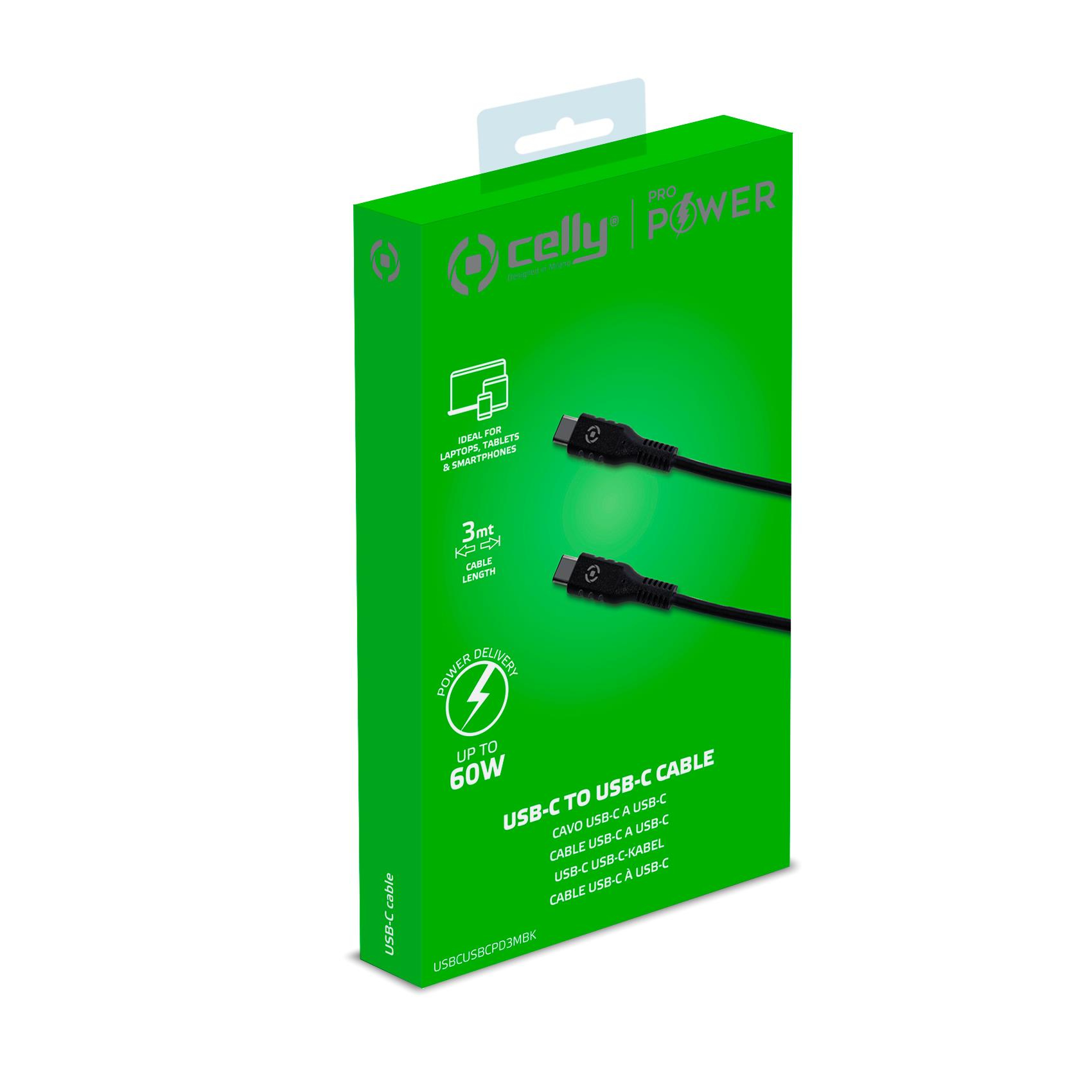 Scatola verde con cavo USB-C. Il testo include 'Power Delivery', 'USB-C to USB-C Cable' e 'Ideal for Laptops, Tablets & Smartphones'.