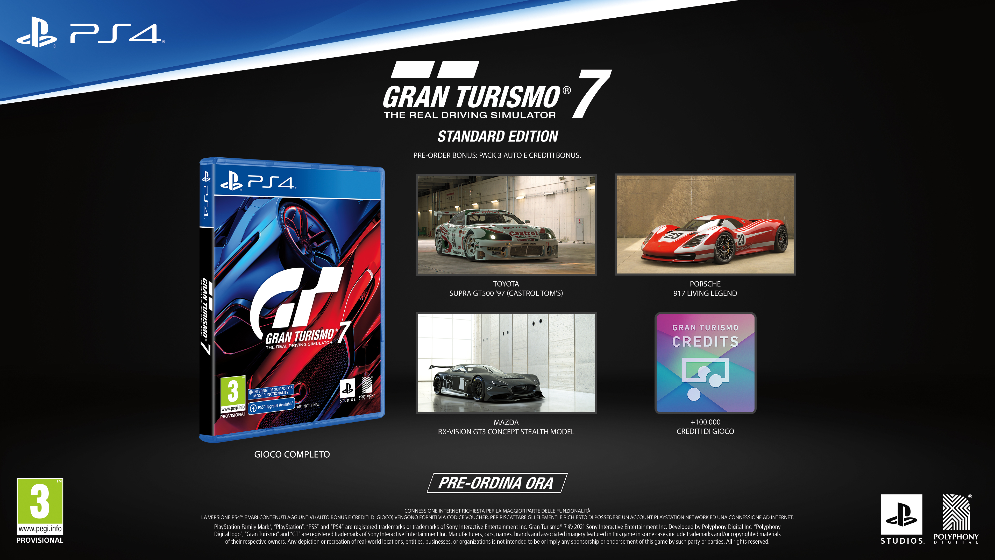Portada del juego Gran Turismo 7 para PS4. Presenta coches, un disco del juego y el logo de Gran Turismo.