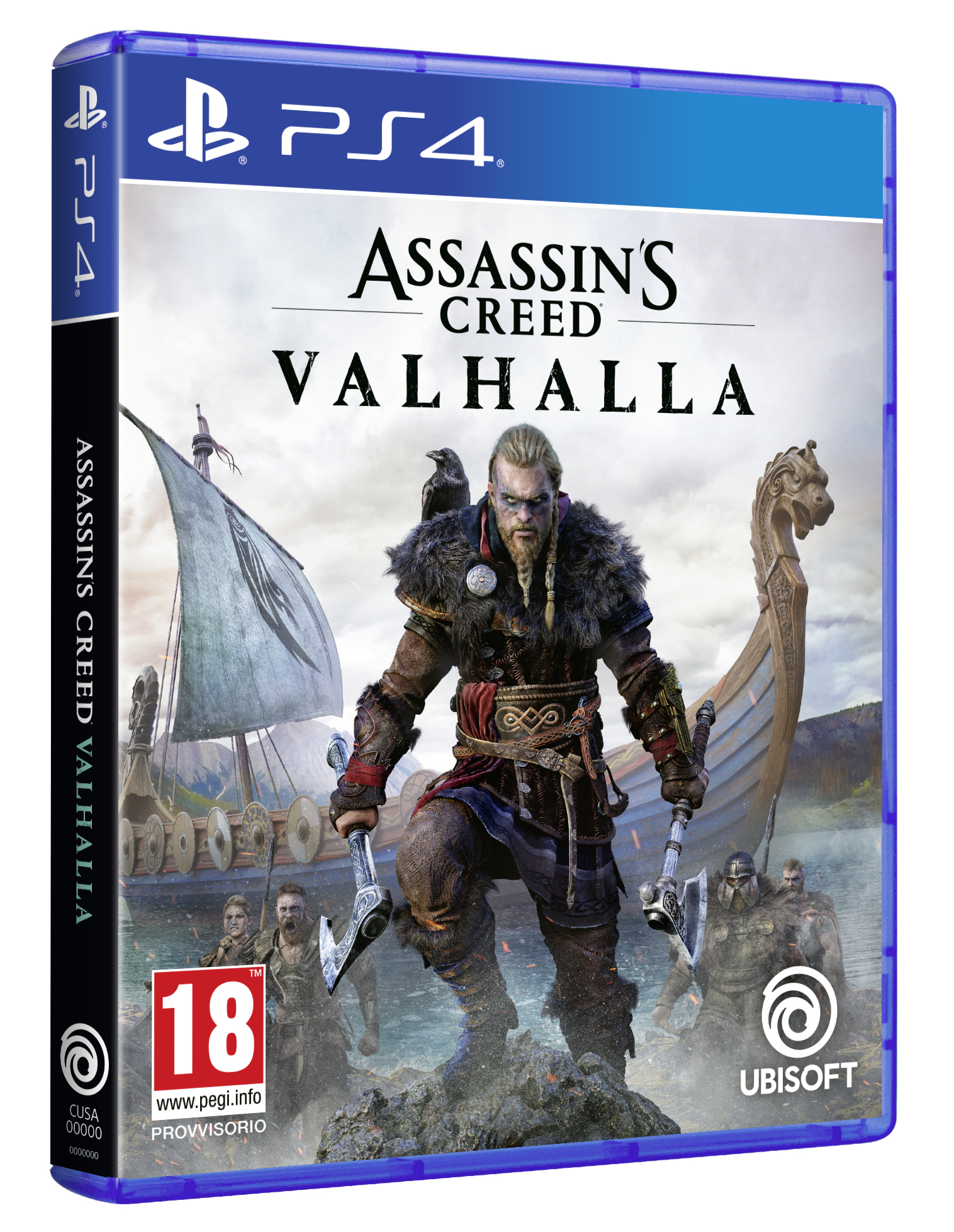Copertina del gioco Assassin's Creed Valhalla. Un guerriero vichingo tiene asce. Una nave naviga sullo sfondo. Il gioco è vietato ai minori di 18 anni.