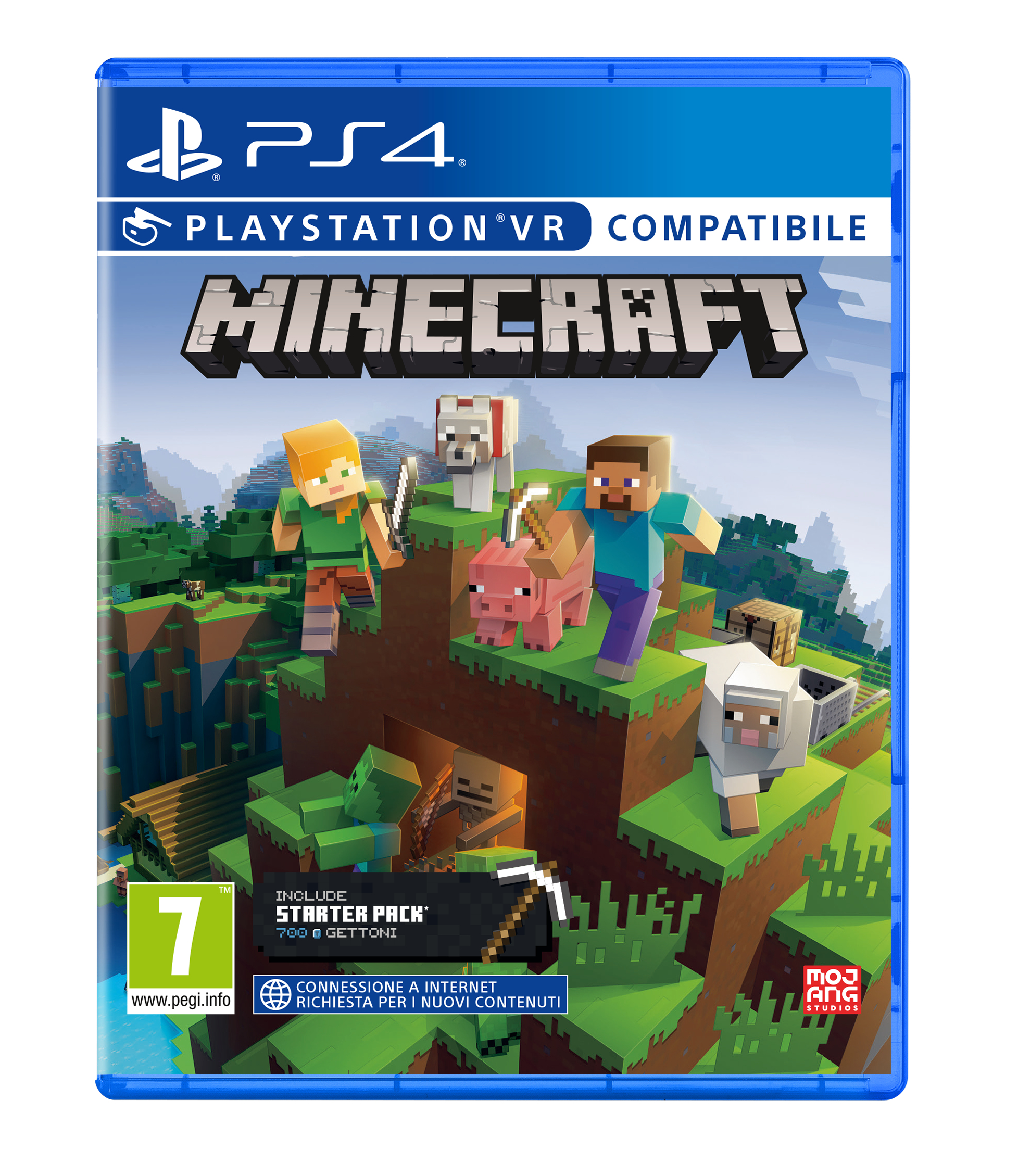 La carátula del juego Minecraft PS4 presenta personajes, animales y el logo del juego, sobre un paisaje pixelado.