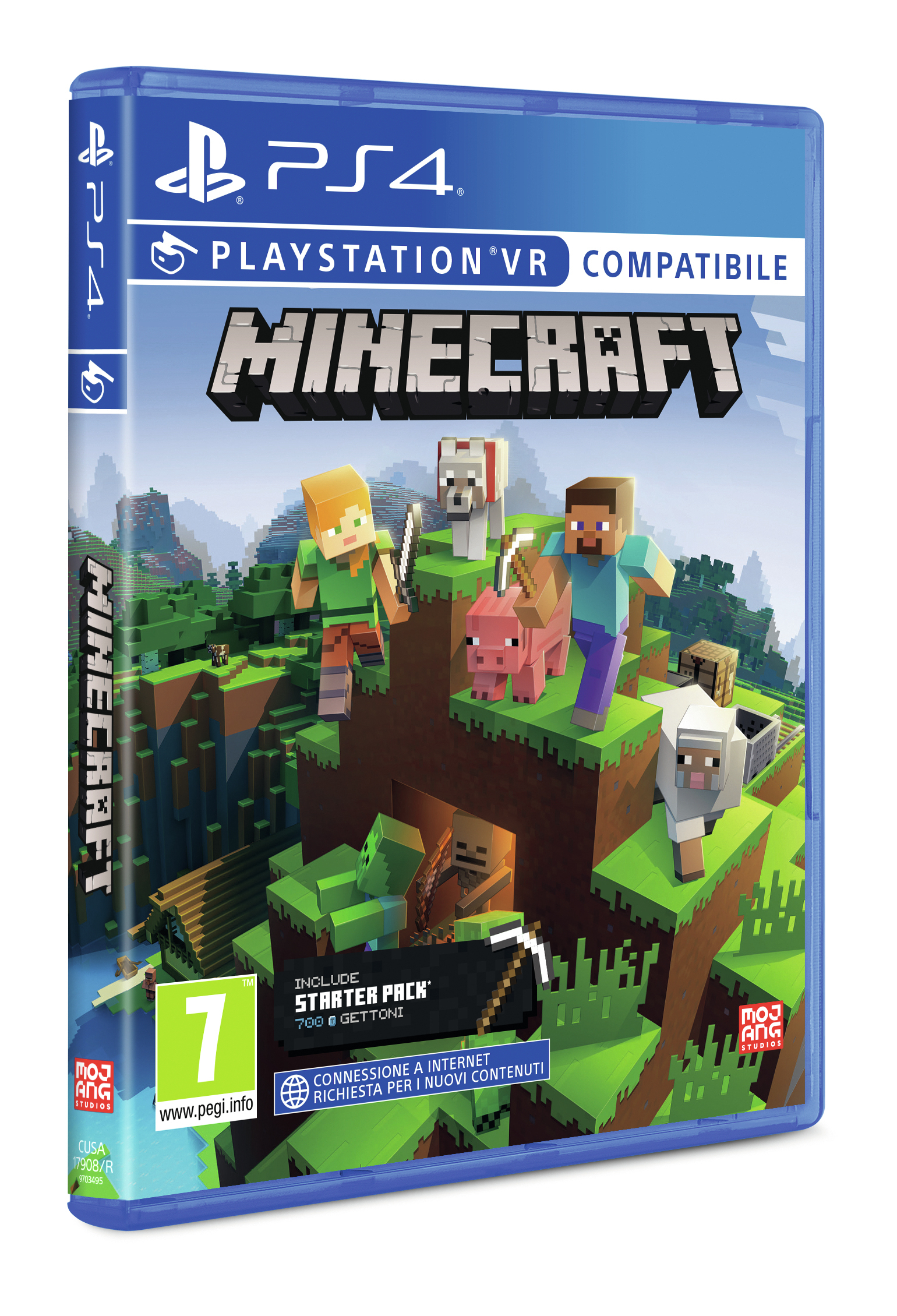 Portada del juego Minecraft PS4. Personajes y animales en un paisaje con bloques. Incluye pack de inicio.