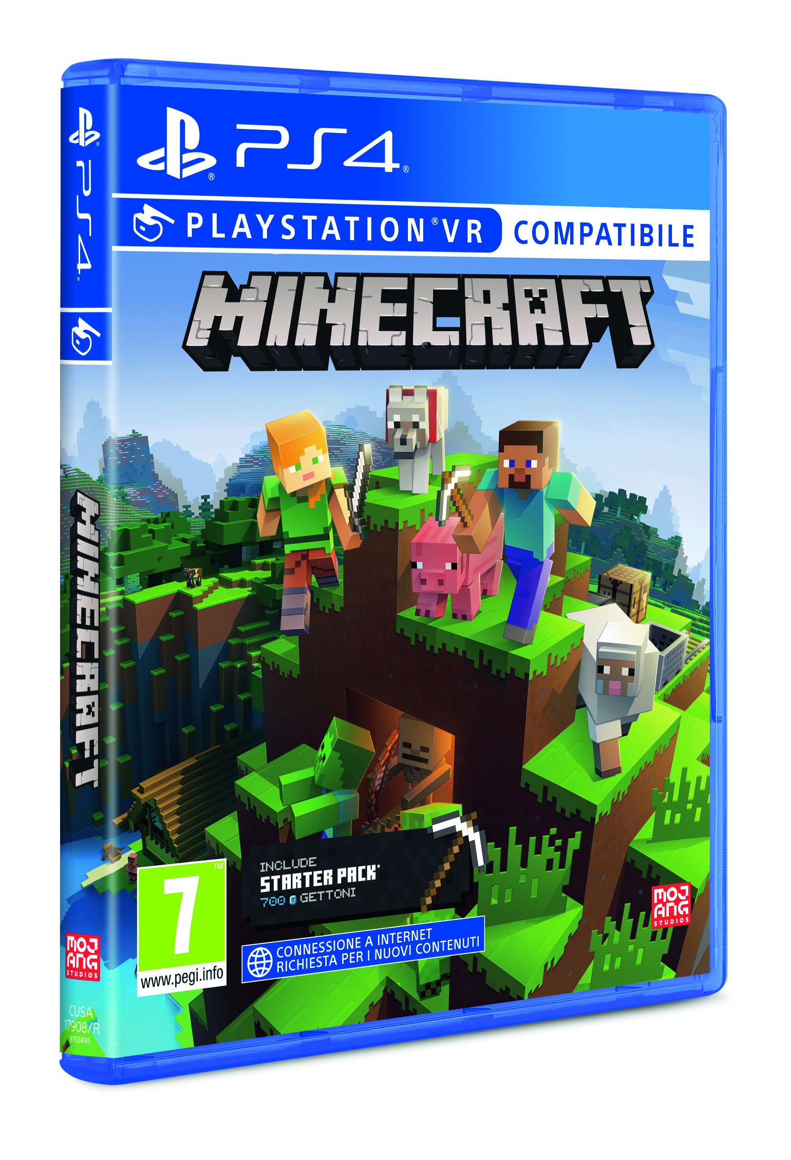 Caja del juego Minecraft para PS4. Personajes en un paisaje pixelado. La caja es azul con el título y logotipos.
