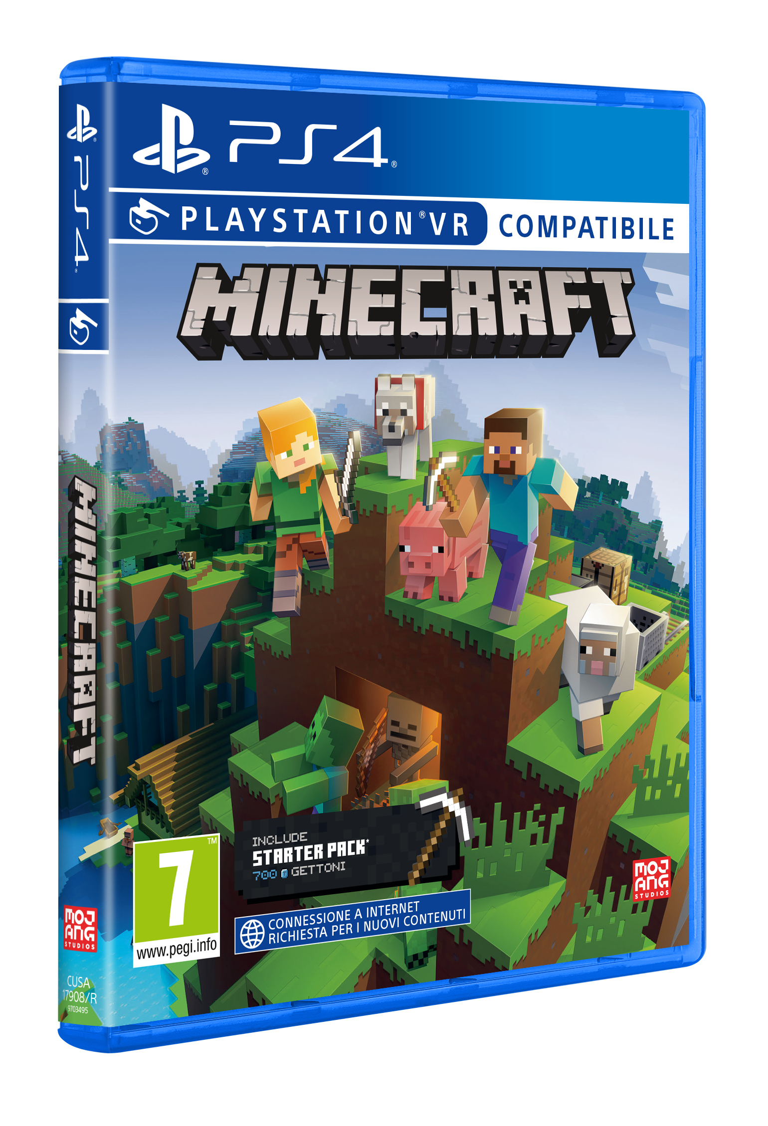 Caja del juego Minecraft para PS4. Los personajes están en un paisaje en bloques. Incluye un cerdo, un lobo, una oveja y dos figuras humanas.