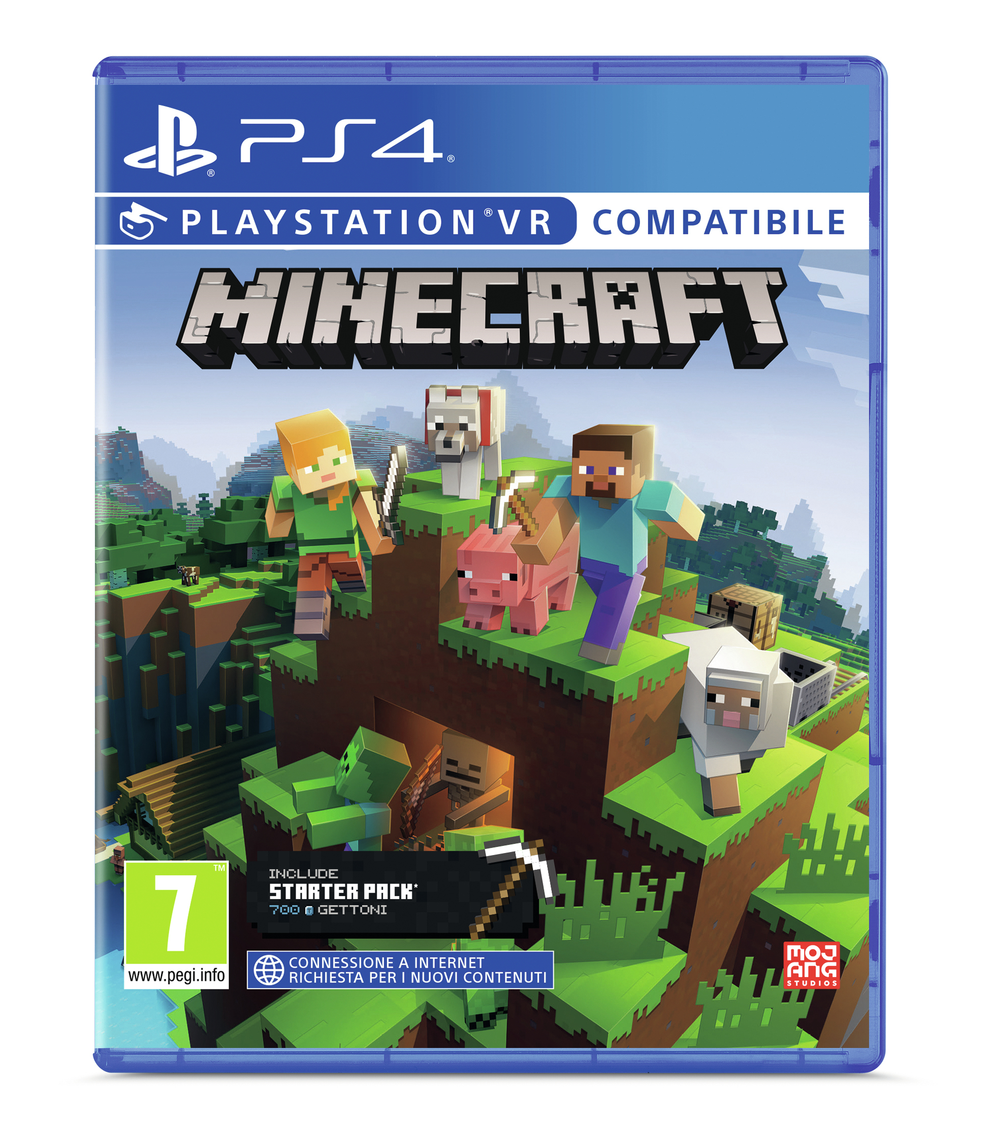 Caja del juego Minecraft PS4. Personajes: Steve, Alex, perro, cerdo y oveja. Fondo de paisaje verde.