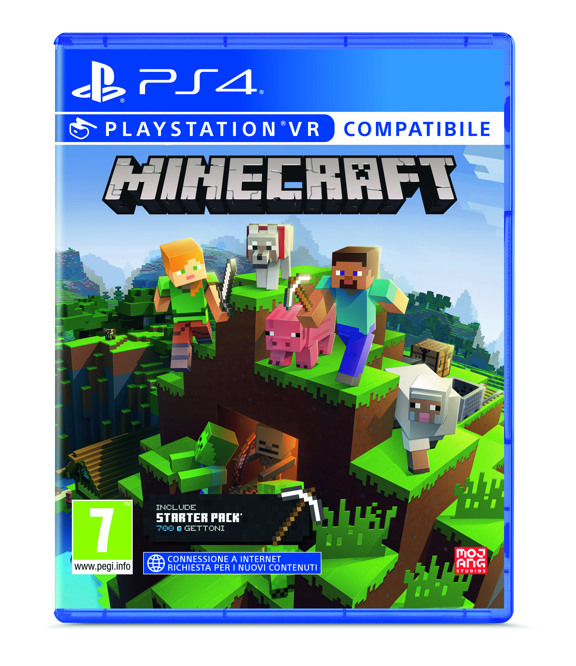 Caja del juego Minecraft para PS4. Personajes en un paisaje de bloques. Incluye un cerdo, un lobo y Steve. El título es grande.