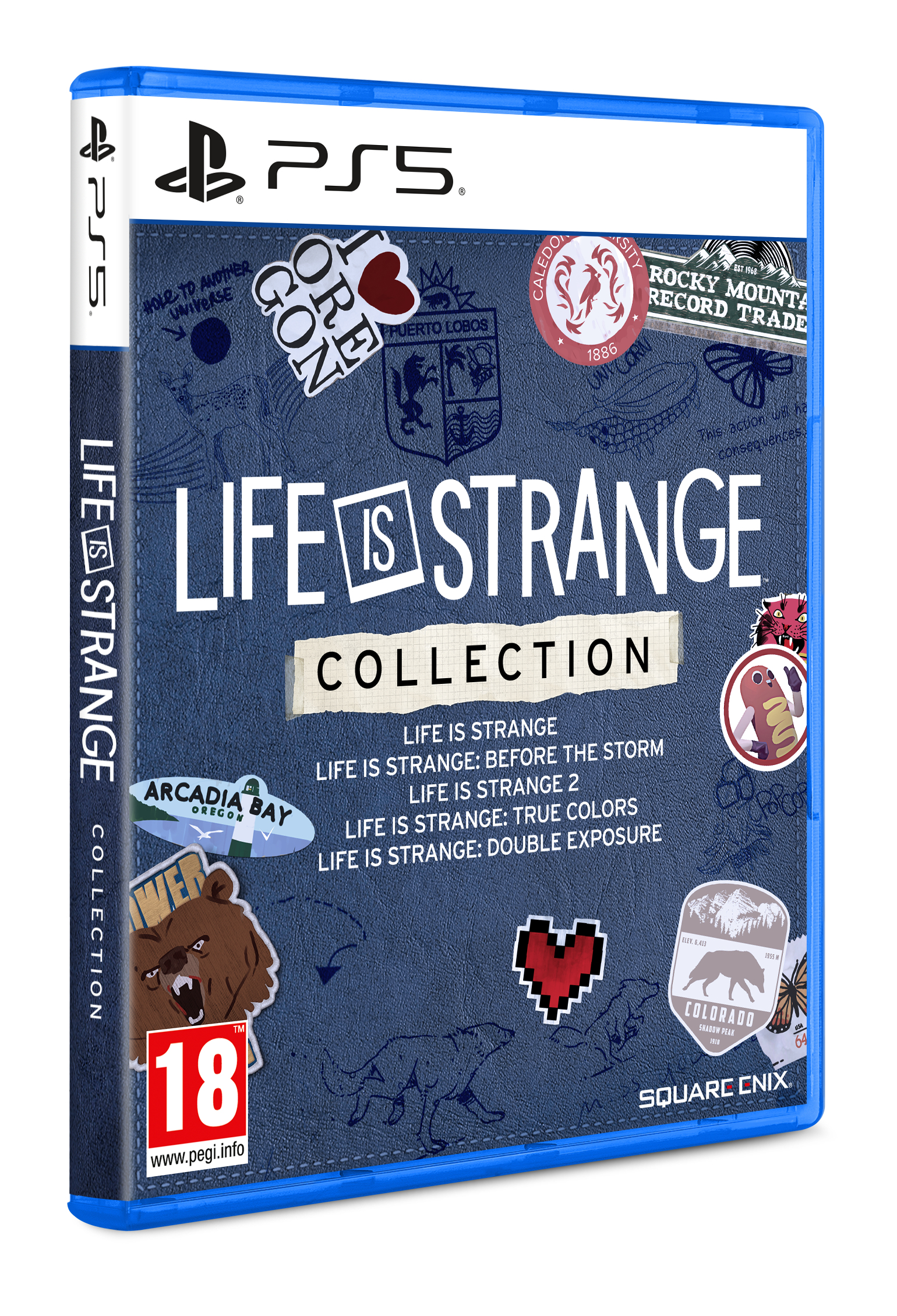 La custodia del gioco PS5 'Life is Strange Collection'. Presenta adesivi, una copertina blu e il titolo del gioco.