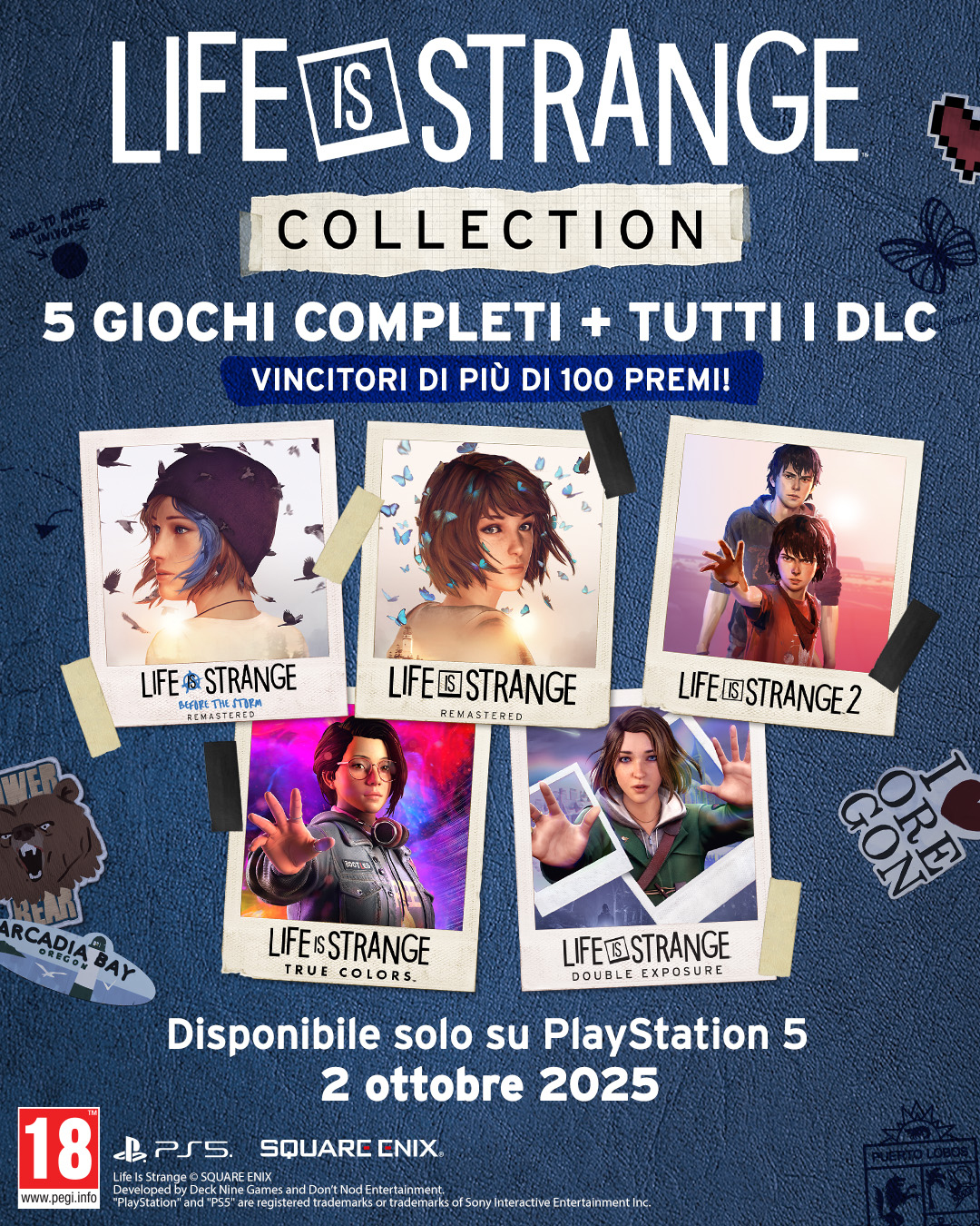 Poster per Life is Strange Collection. Presenta foto dei personaggi, titoli dei giochi e dettagli PlayStation 5. Include loghi dei giochi e data di uscita.