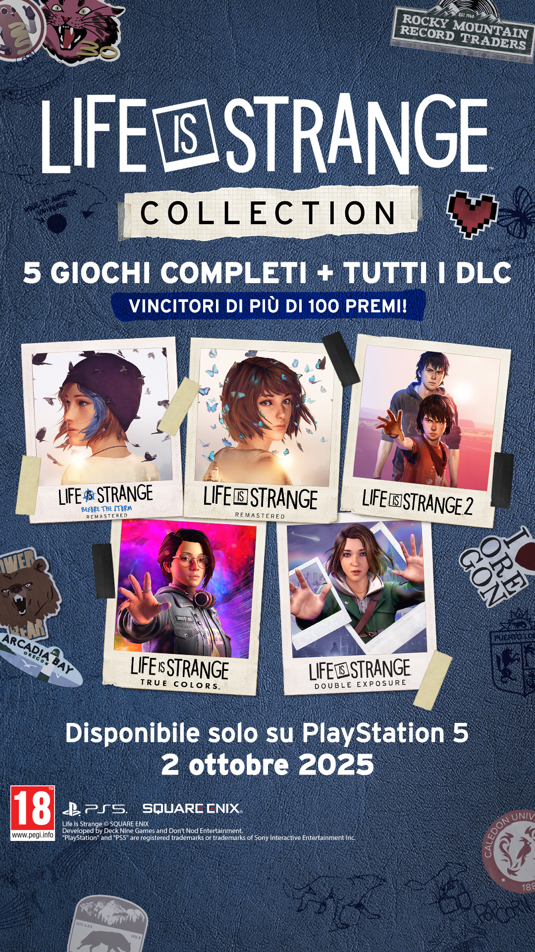 Poster per Life is Strange Collection. Presenta copertine di giochi, testo e loghi su sfondo blu denim, pubblicizzando il gioco.