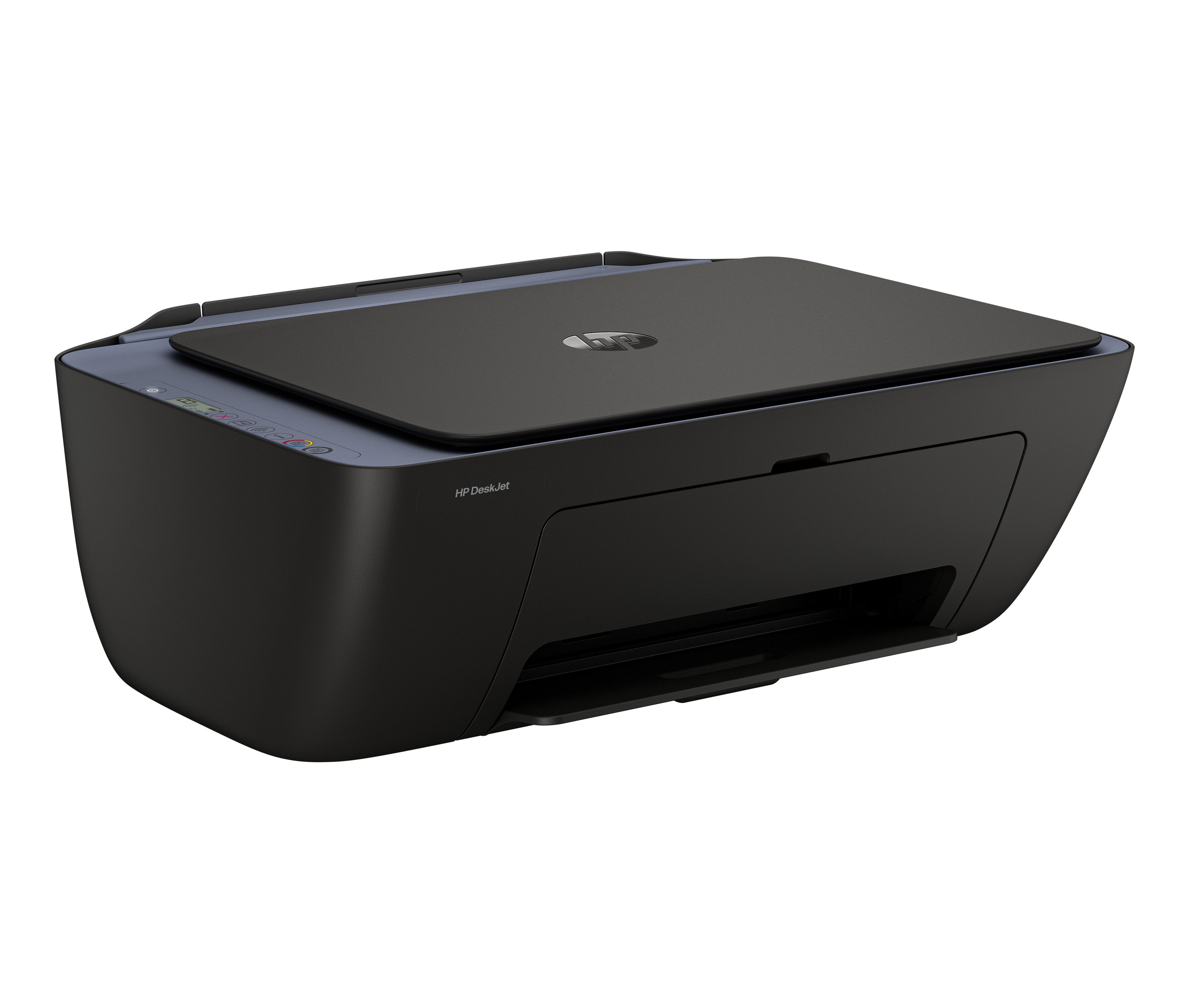Una stampante HP DeskJet nera con scanner piano. Lo sfondo è bianco.
