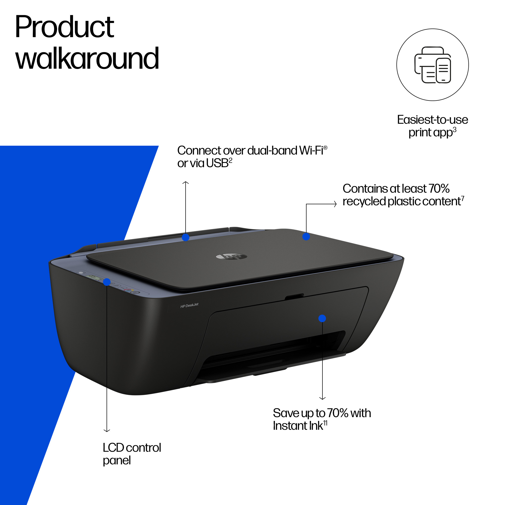 Viene visualizzata una stampante HP DeskJet nera con etichette che indicano le sue caratteristiche, su uno sfondo bianco e blu.