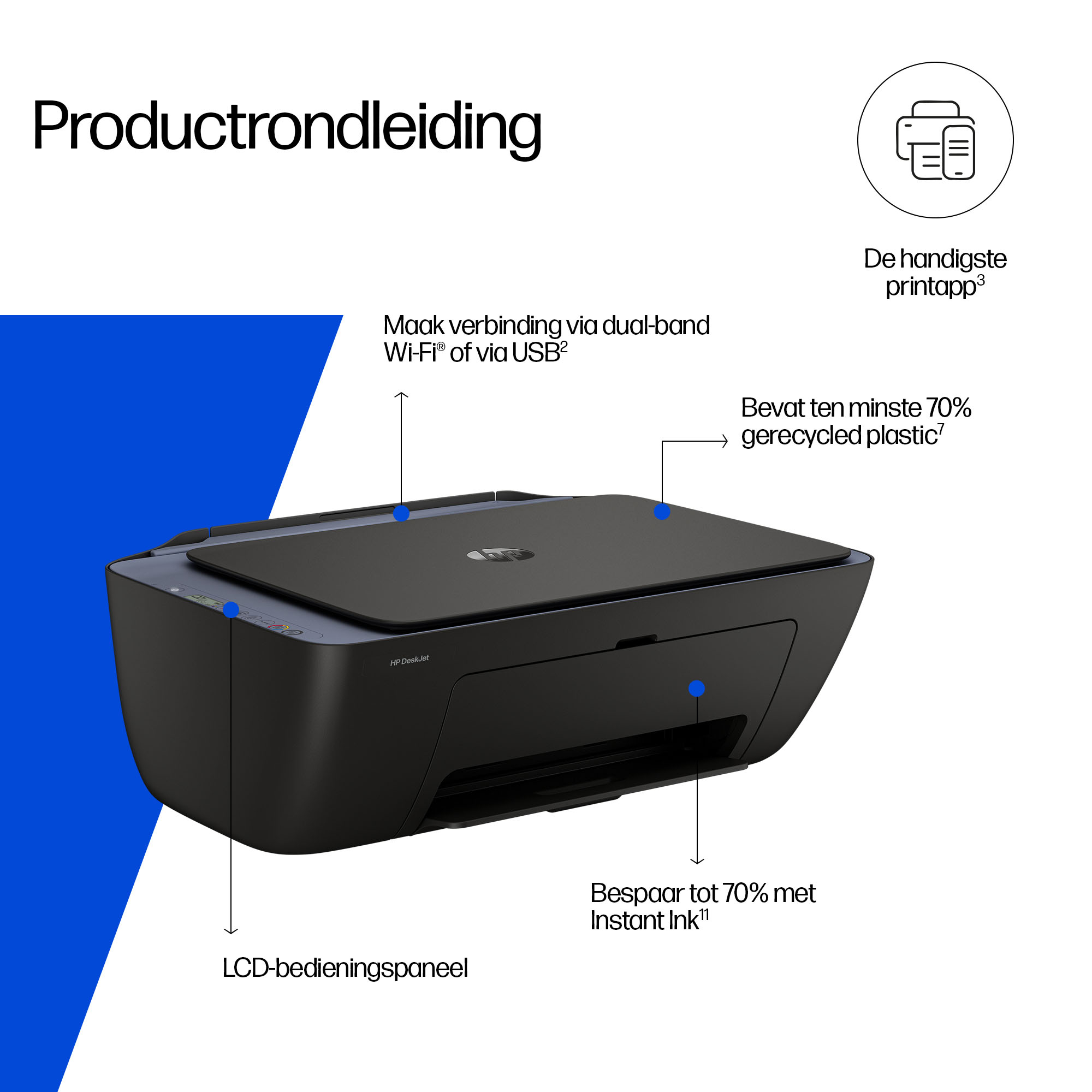 Una stampante HP DeskJet nera con etichette, uno sfondo blu e testo in olandese.