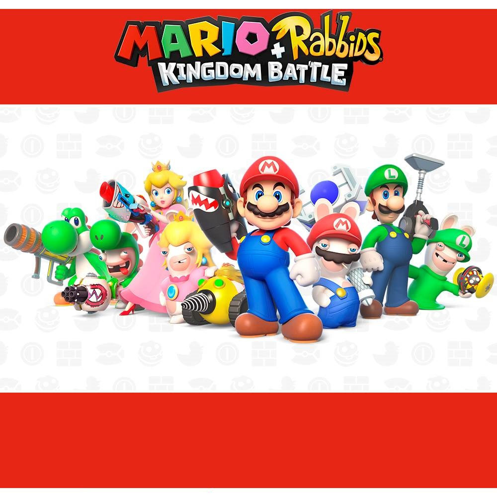 Okładka Mario + Rabbids Kingdom Battle. Postacie Mario, Luigi, Peach, Yoshi i Rabbids.