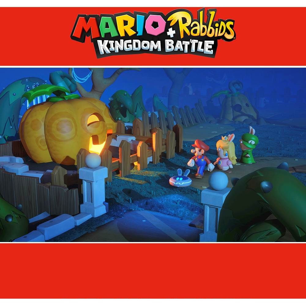 Scena z Mario + Rabbids Kingdom Battle. Postacie Mario, Peach i Rabbid w fantastycznej scenerii z dynią i płotem.